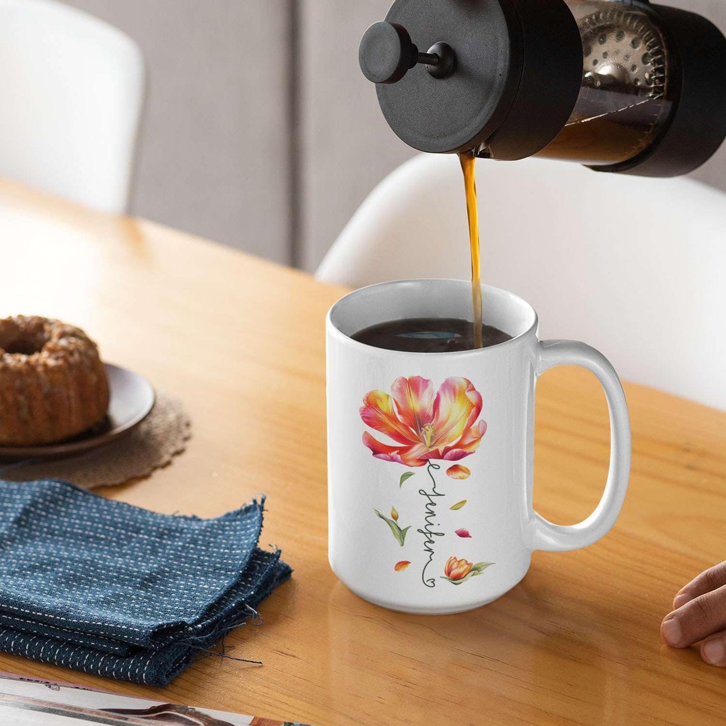 Personalized Flower Blossom Decorative Mug, Custom Name On Flower Coffee Cup, Novelty Floral Accent Mug 11oz 15oz, Customized Flower Lover Ceramic Cup, Gift For Friend Coworker