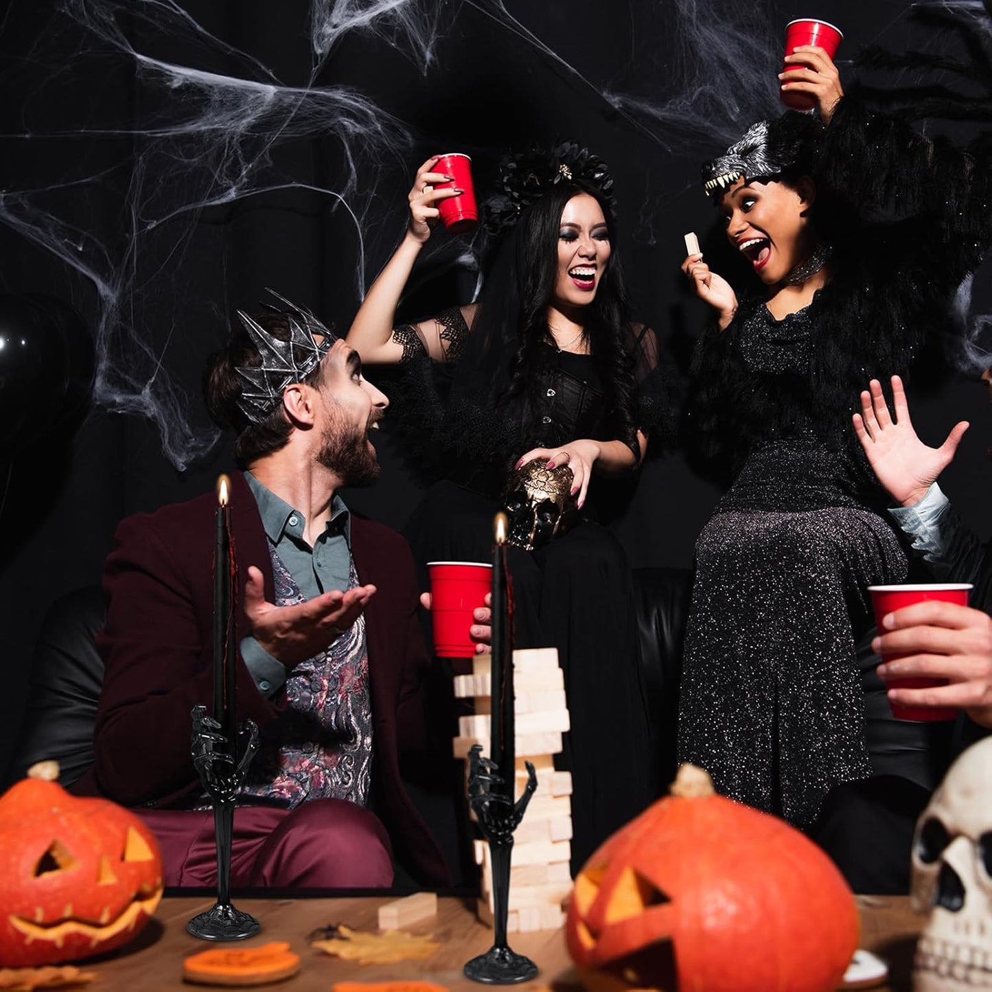 LemonRoad 2 Pcs Halloween Skull Candle Holders Halloween Table Centerpieces Fireplace Decorations Skeleton Gothic Decor Horror Skeleton Skull Candlestick Holders for Home Office Bar Party Supplies