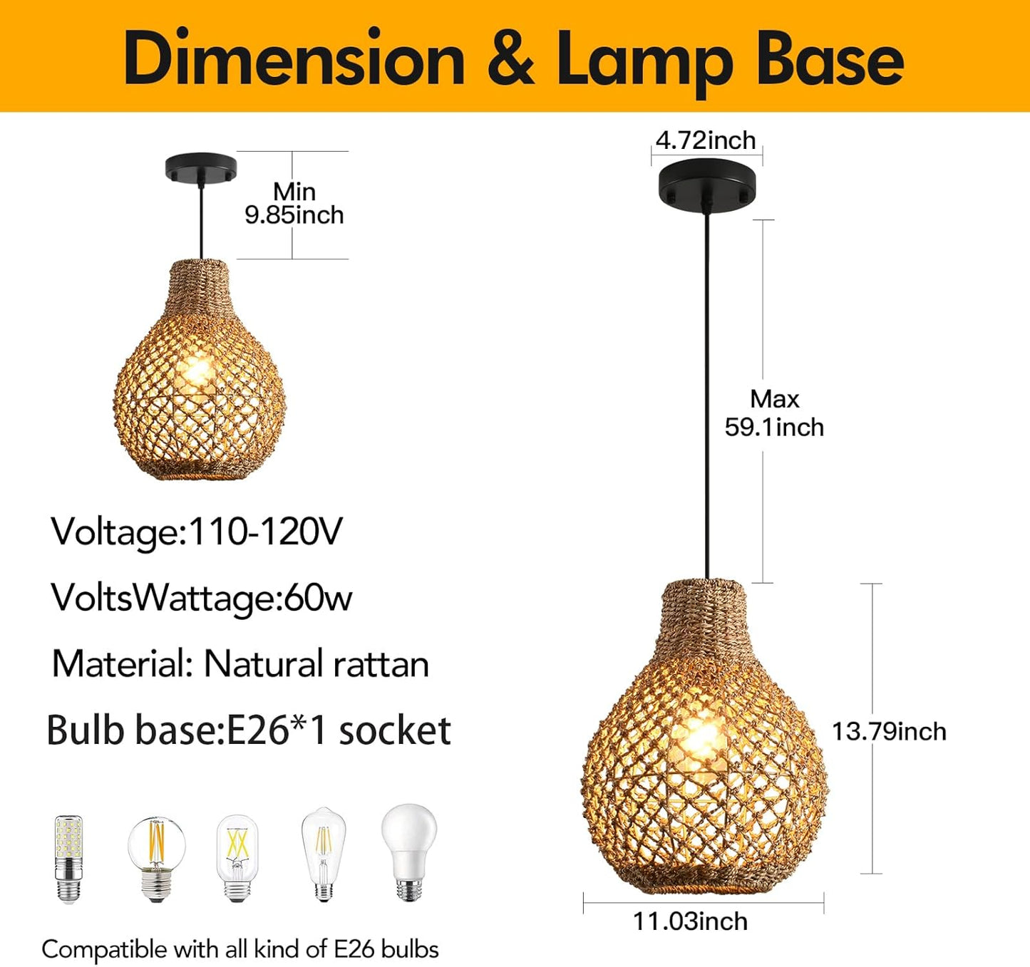 2-Pack Rattan Pendant Light,Boho 11.03" Wicker Hand-Woven Ceiling Hanging Farmhouse Chandelier for Kitchen Island Dining Room Bedroom