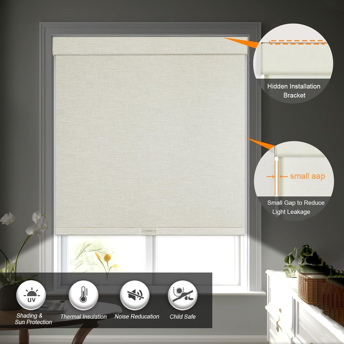 Persilux Blackout Shades for Windows Cordless Roller Blinds, Roller Windows Shades for Home with Fabric Attached Valance, UV Protections Easy Installation for Door/Office, Limestone(28.5" W x 72" H)
