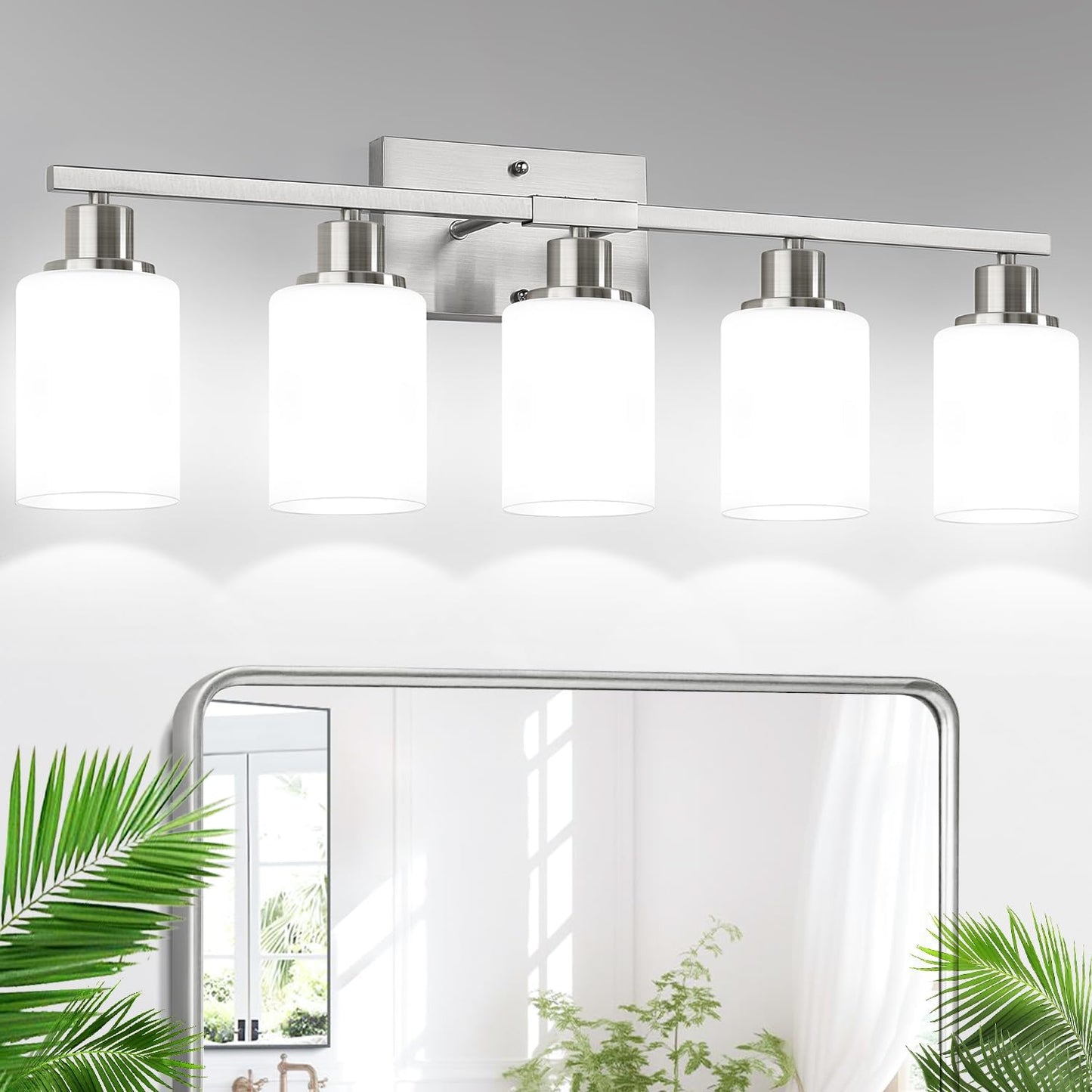 5-Light Brushed Nickel Bathroom Vanity Light with Milky White Frosted Glass Shades, Modern Bathroom Light Fixtures, Up/Down Reversible Lighting for Mirror, Bedroom, Kitchen, Living Room, Hallway