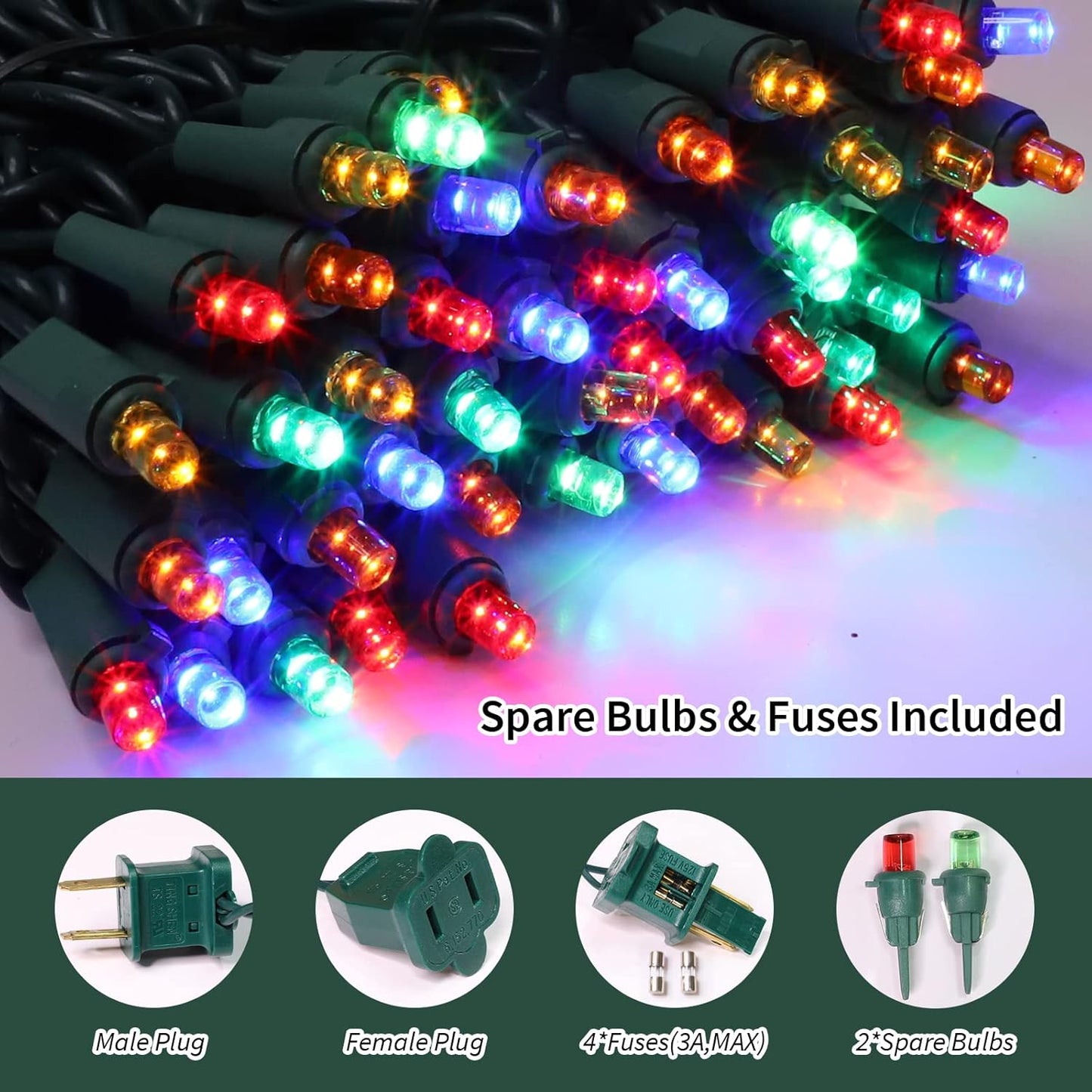 Multicolor Wide Angle LED Christmas Lights, 64.8 Ft 300 Count, Pack of 3 Strands 21.9 Ft 100 Lights UL Certified Commercial Grade Green Wire 5mm Holiday String Light