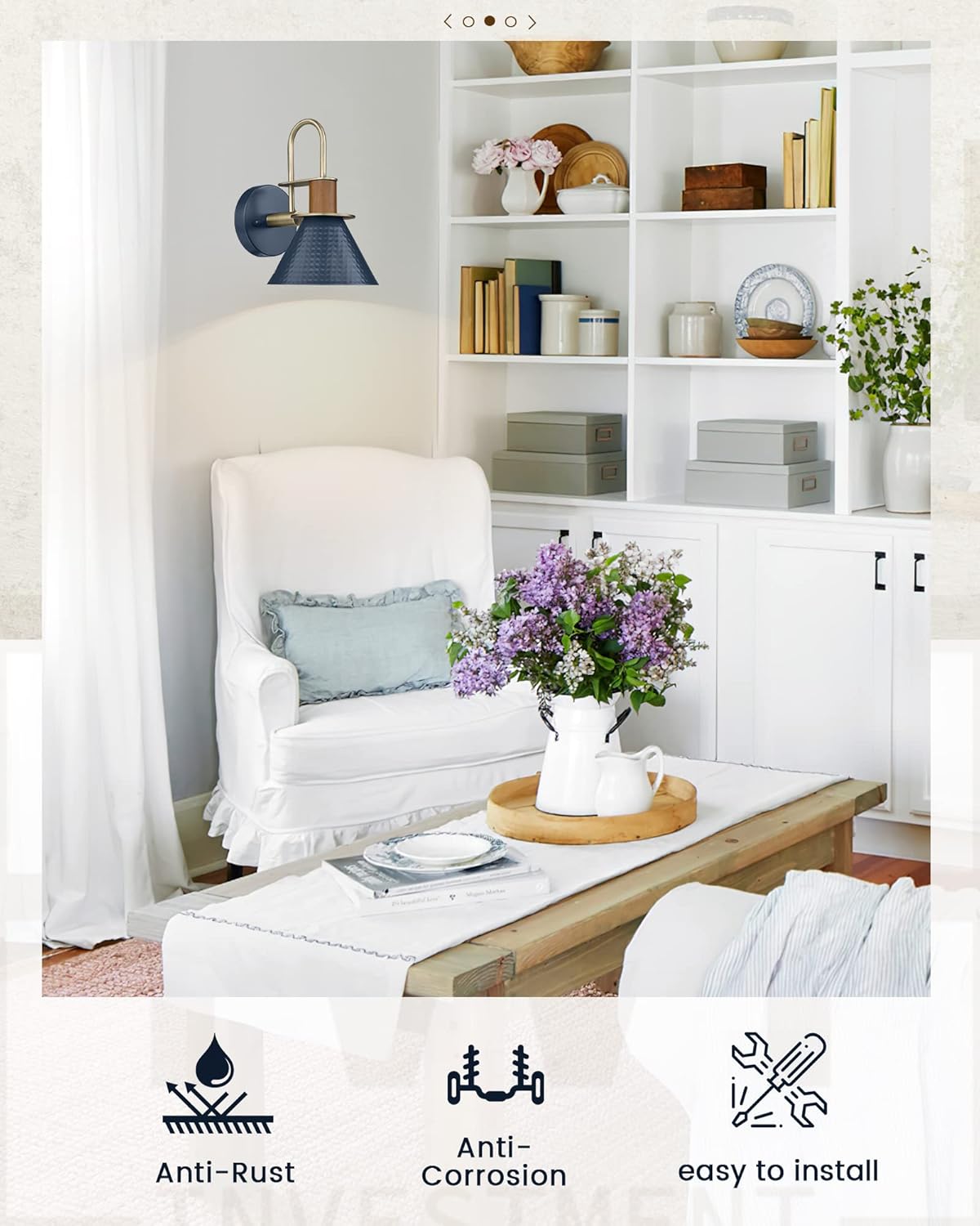 Industrial Wall Sconces Set of Two, HWH Indoor Wall Sconce 1-Light Barn Vanity Light, Gooseneck Wall Lamp for Bathroom Bedroom Bedside Kitchen, Hammered Metal Shade, Navy Blue Finish, 5HZG74B-2 BL+BG