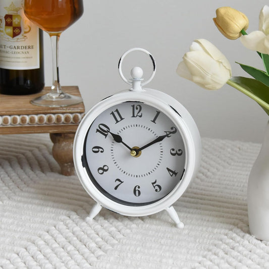 Small white table clock Vintage Rustic White Table Clock on Stand, Decorative Desk and Shelf Clock Farmhouse Mantel Clock Rustic Non-Ticking Clock