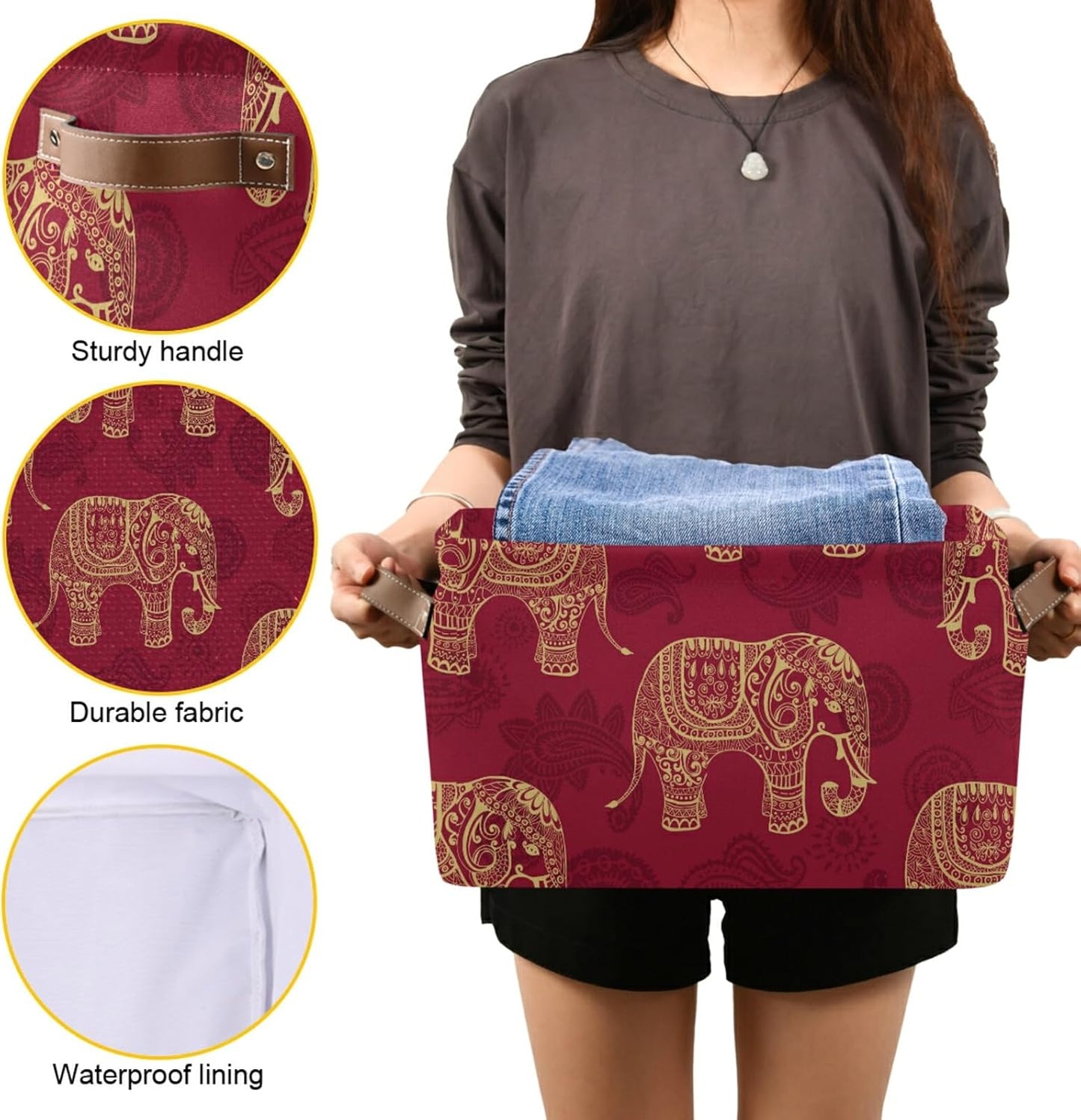 susiyo Foldable Storage Bins Large Collapsible Fabric Storage Baskets with Leather Handles Organizing Box for Shelves Home Bedroom Nursery Office 1 Pack，Indian Tribal Elephants