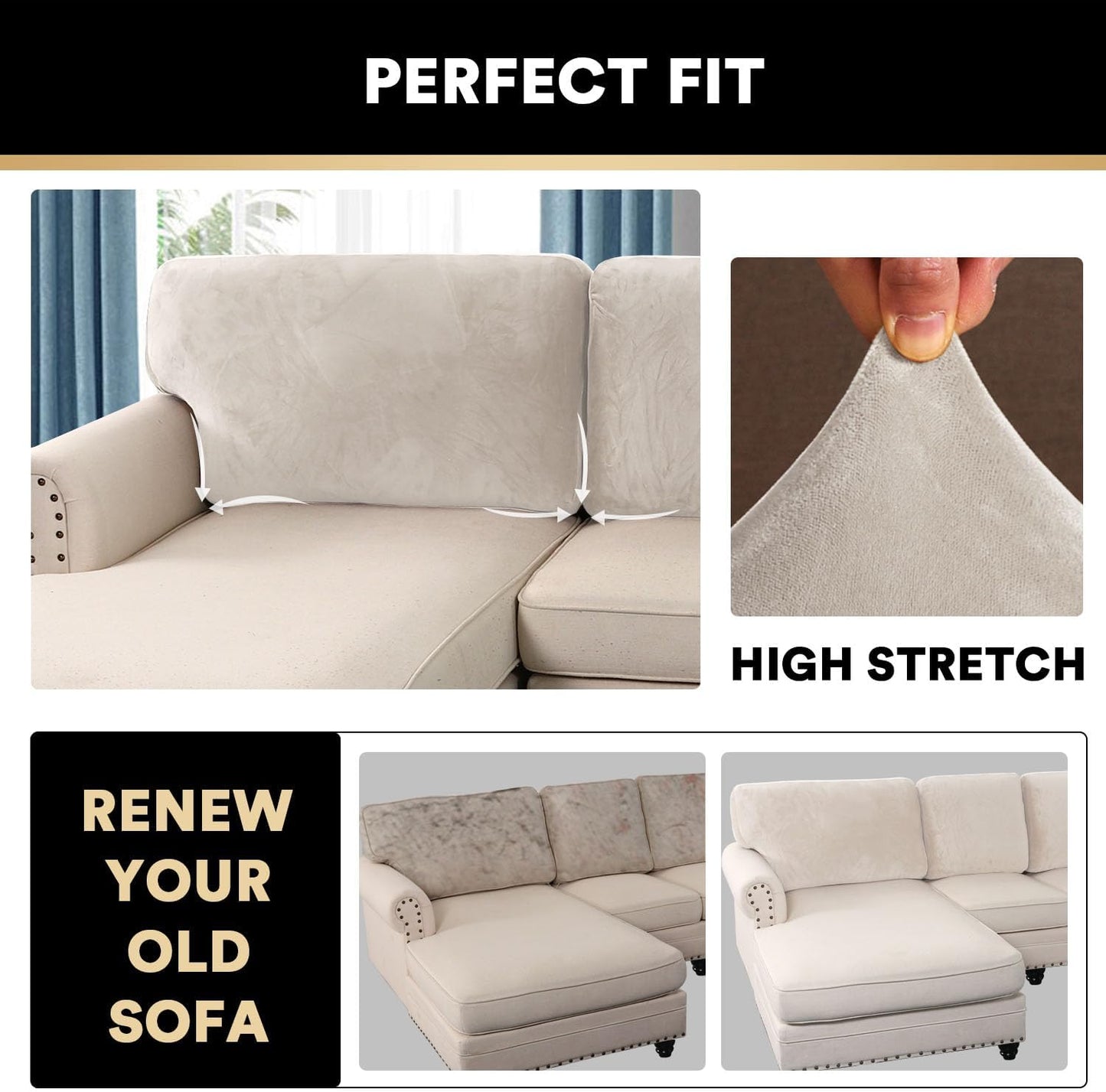 PrinceDeco Sectional Couch Covers Velvet Cushion Covers for Sectional Couch Washable Cushion Covers for Sectional Sofa Pet Friendly Sectional Sofa Slipcovers(1 Chaise Back+ 3 Sofa Back,Ivory)