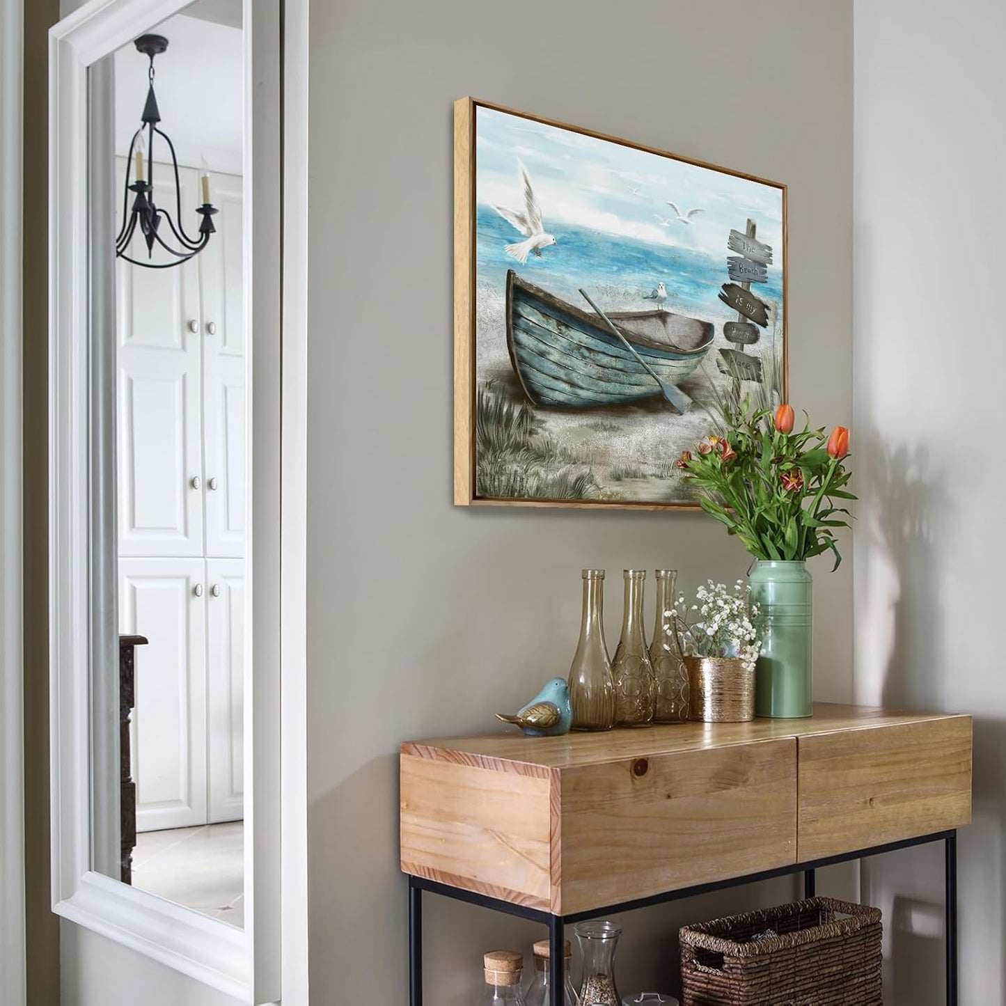 Framed Wall Art Bedroom Nautical Decor Boat Canvas Picture Rustic Coastal Sand Canvas Print Ocean Beach Painting Seascape Sea Bird Vintage Ship Artwork for Seaside Home Living Room Office Bathroom