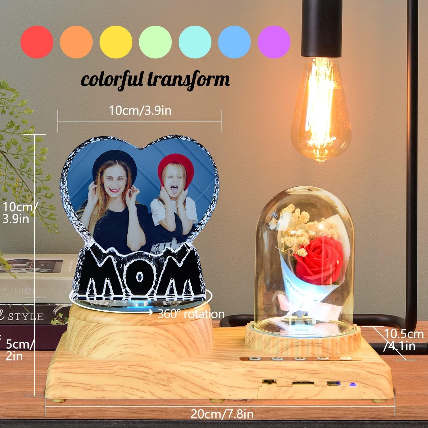 to My Beautiful Mom Gifts Personalized Heart-Shaped 3D Crystal Photo Frame, with Bluetooth Rose Audio, Mom Night Light Gifts for Mother's Day, Birthday, Thanksgiving, Christmas