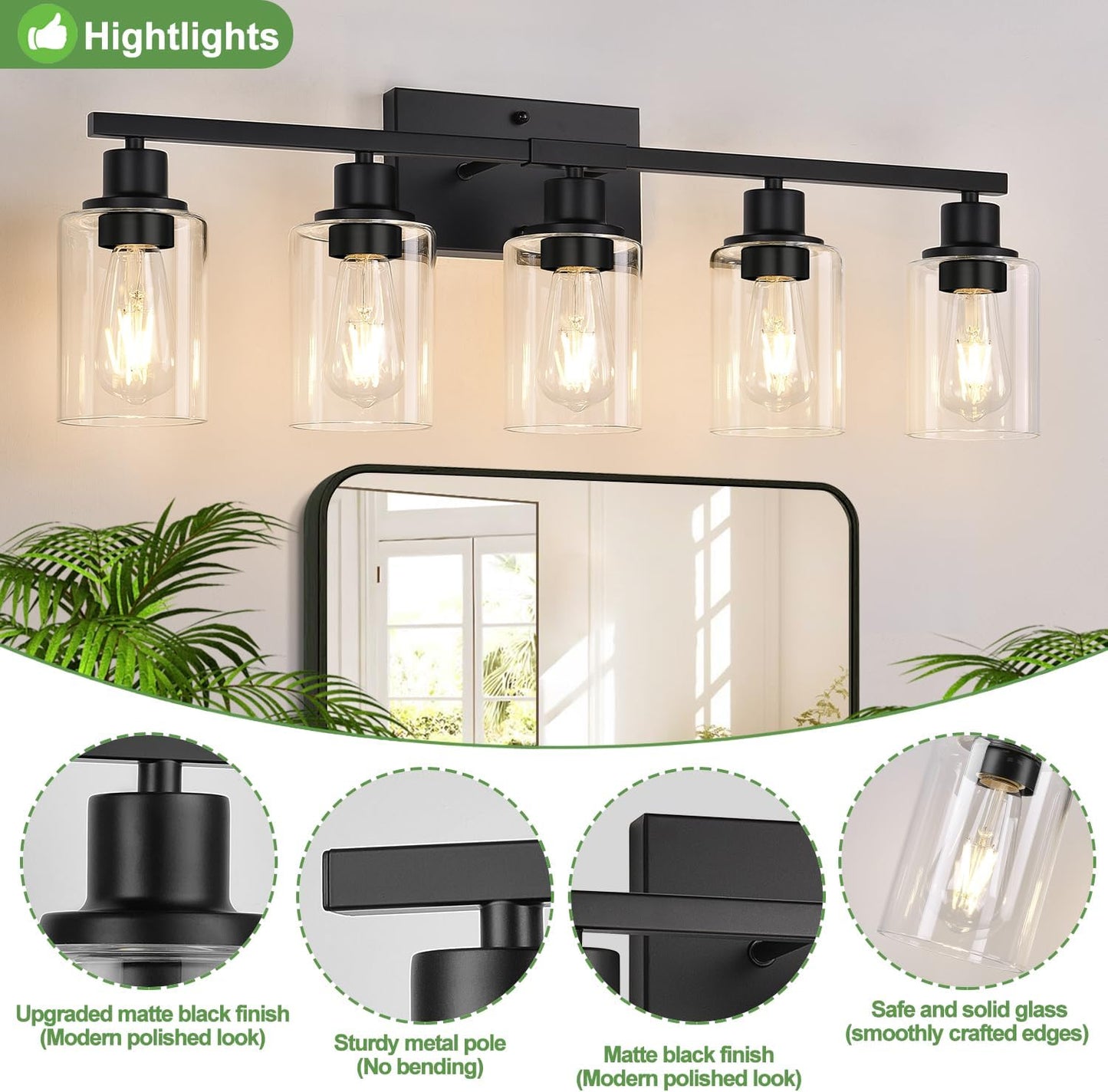 5-Light Bathroom Light Fixtures, Matte Black Modern Vanity Lights with Clear Glass Shades, Bathroom Vanity Light for Mirror Living Room Cabinet Bedroom Porch