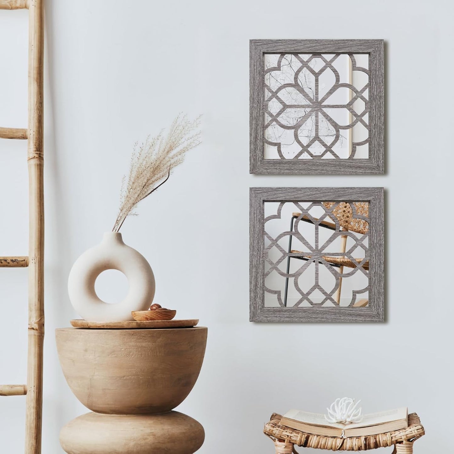 Boho Square Wall Mirrors Set of 2-12" x12'Decorative Mirrors for Wall Decor, BrownHandcrafted Mirror Panels Perfect for LivingRoom Bedroom Entryway Hallway (Brown)