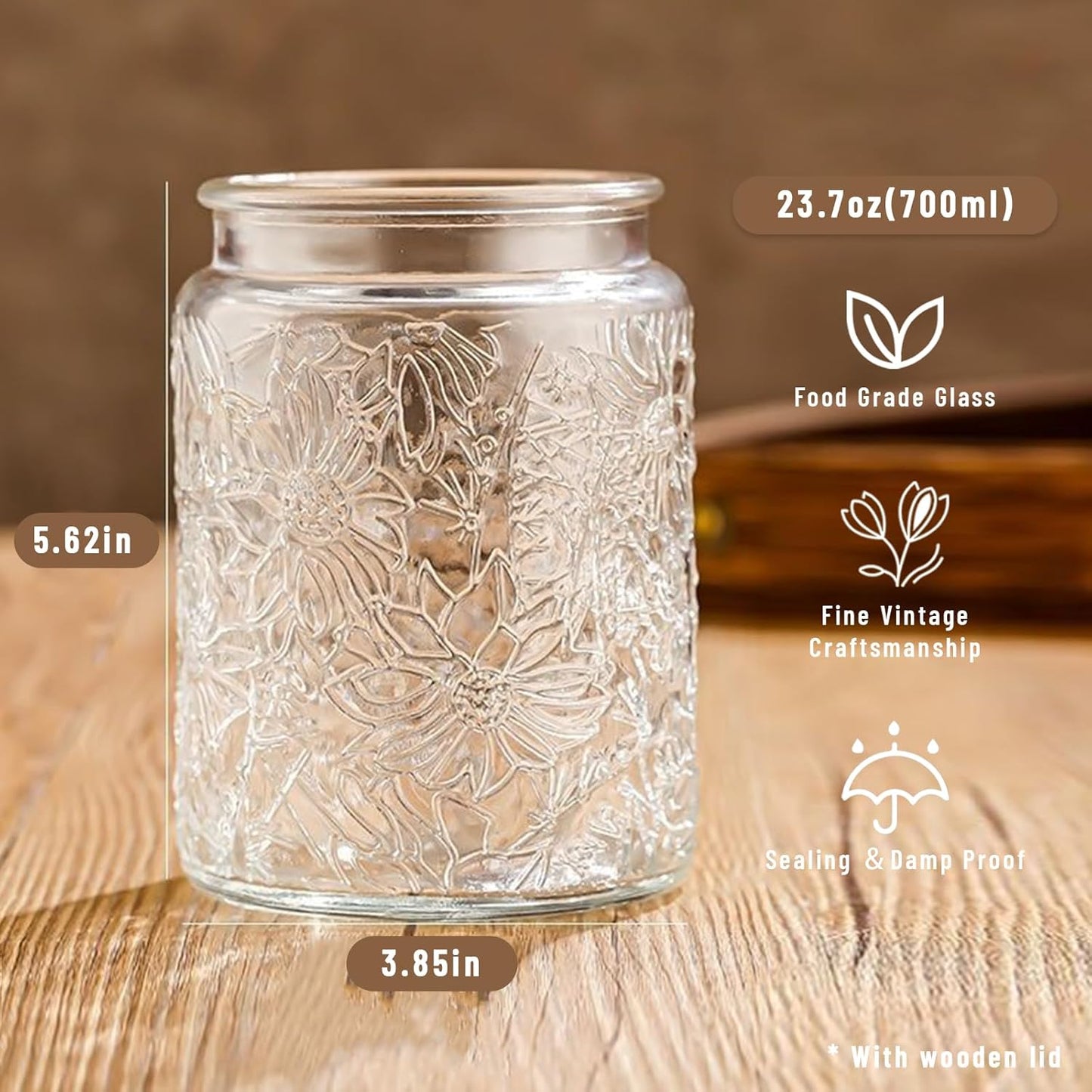 Vintage Glass Jars with Wooden Lids, 6 Pack 24 oz Airtight Glass Food Storage Containers Sets for the Kitchen, Sugar Coffee Candy Spice Cookie Tea Pasta