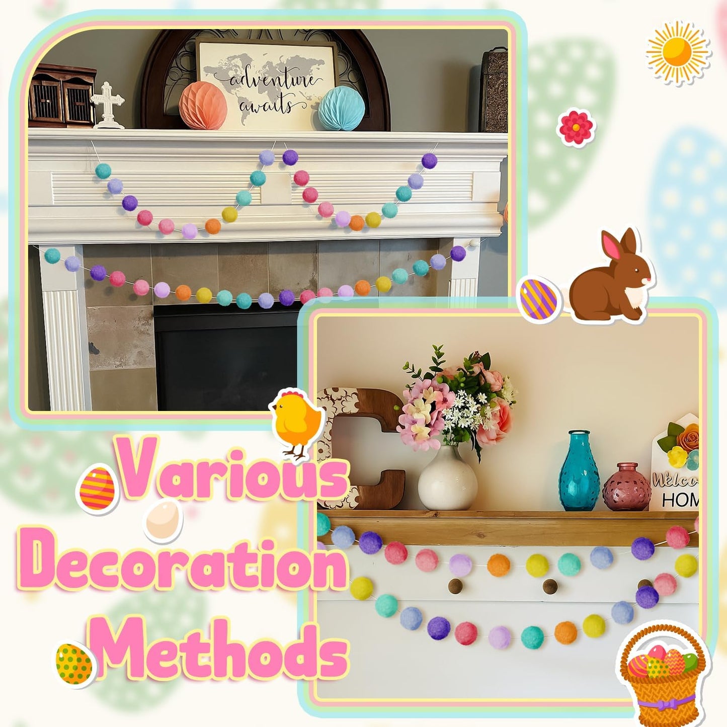 Boao 2 Pcs 2 Inch Large Pastel Colorful Pom Pom Garland 13 ft Long Felt Ball Rainbow Banner 36 Balls for Classroom, Christmas, Mantle Decor, Easter Tree Ornaments, Baby Shower Party Hanging Decor