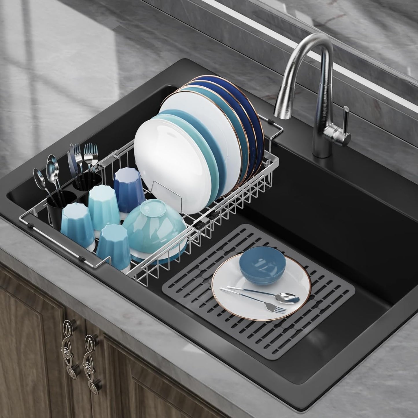 GSlife Expandable Sink Dish Drying Rack - Stainless Steel Capacity Adjustable Over The Sink Dish Rack (13.4''-20.4'') with Sink Mat and Utensil Holder, Silver