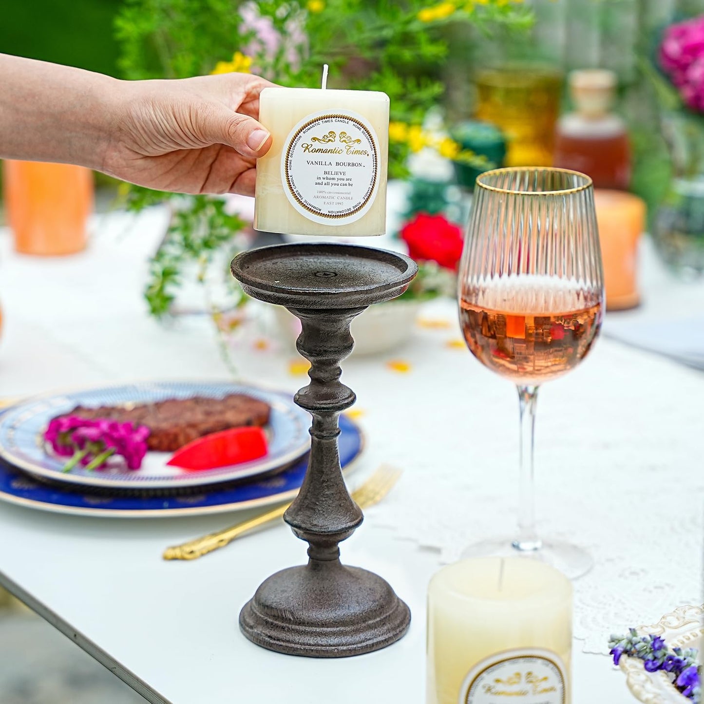 Sungmor Rustic Cast Iron Pillar Candle Holder, 7.8" Tall Vintage Candlestick Holders, Table Centerpiece Metal Candle Holder, Farmhouse Candle Stand for Fireplace Shelf Home Decor