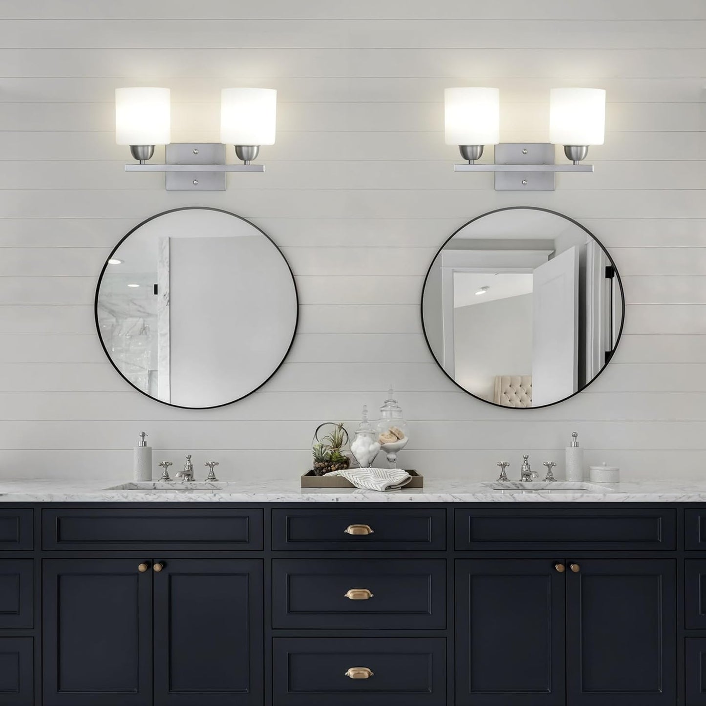 Stainless Steel Milk Glass Vanity Lights for Bathroom, 2 Light Brushed Nickel Bathroom Light Fixtures Over Mirror, Ceramic E26 Sockets Wall Mounted