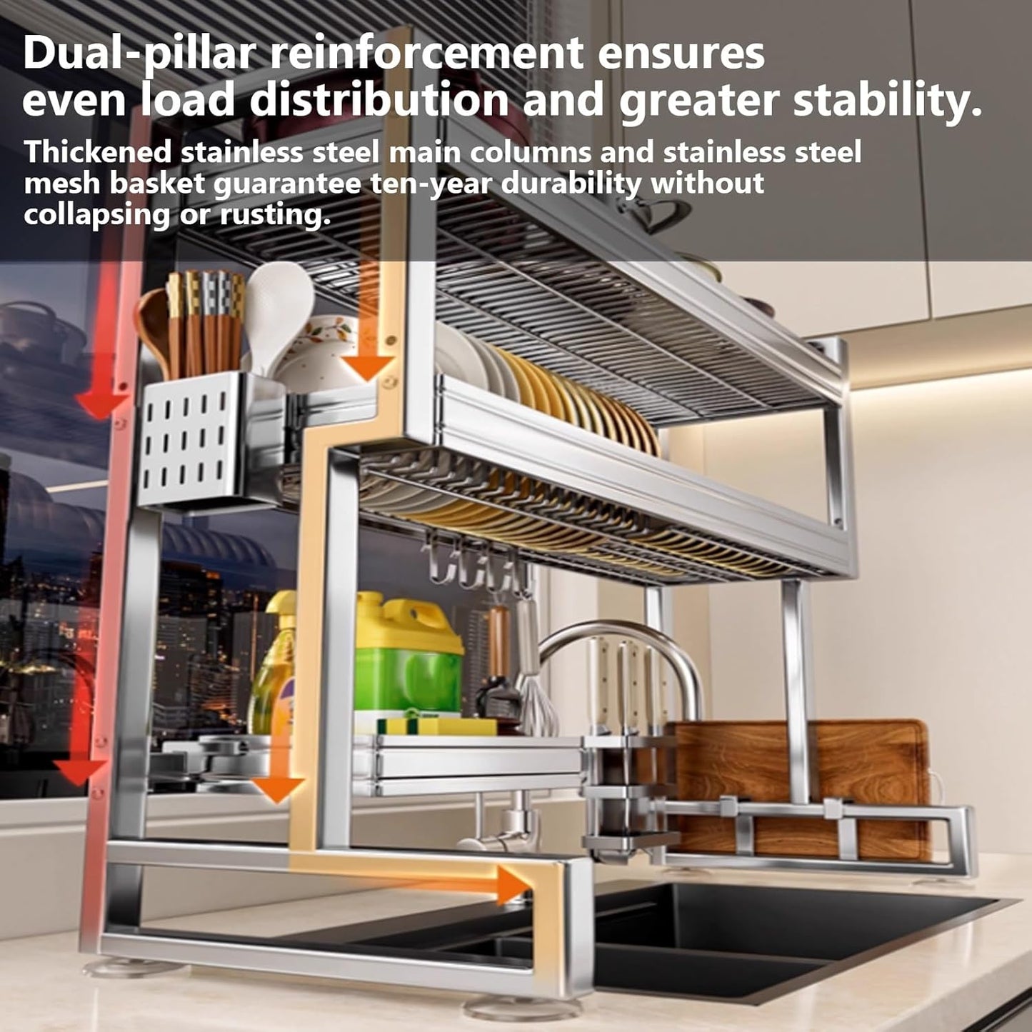 Kitchen Sink Rack Sink Above The Dish Drain Dish Washing Rack Stainless Steel Multifunctional Dish Storage Rack,Over The Sink Drying Rack for Dishes(2,65cm/25.6in)