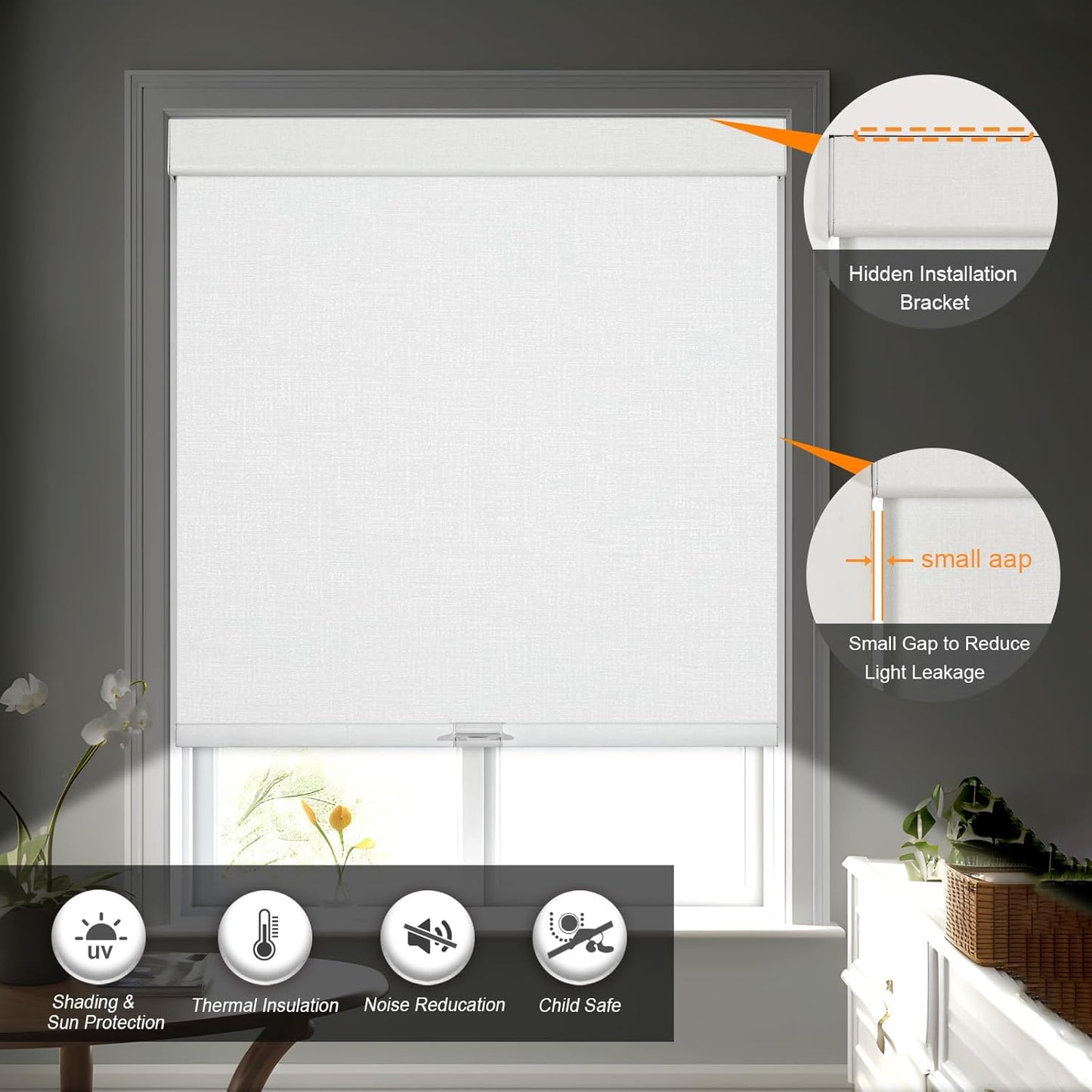 Persilux Blackout Roller Shades & Blinds Windows Shades Free-Stop Blackout Blinds with Jacquard Fabric,Cordless Blinds Pull Down Shades for Home, Easy to Install for Door/Office, White(44" W x 72" H)
