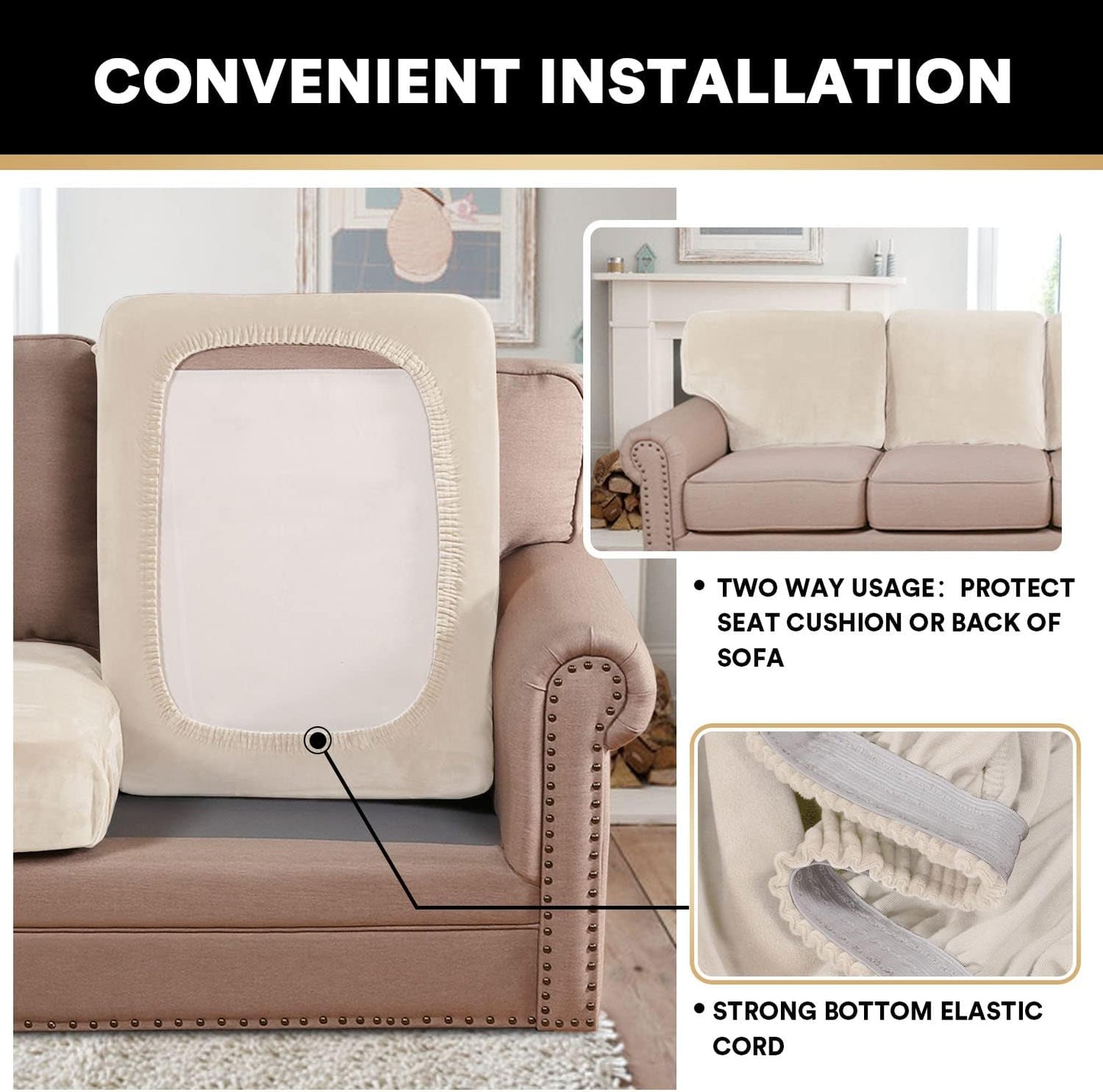 PrinceDeco Stretch Velvet Couch Cushion Cover,Soft Fitted Cushion Slipcover for Chair Cushion Furniture Protector Seat Cushion Sofa Cover Width Up to 29.5", Ivory