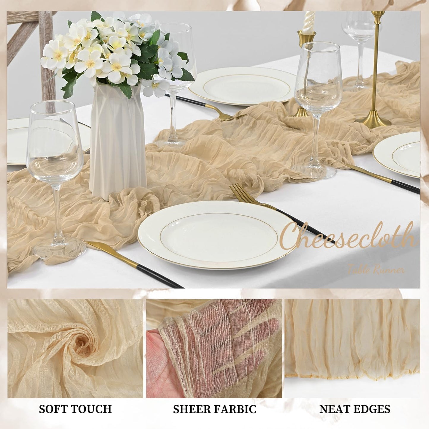 Sand 6 Pack 10FT Cheesecloth Table Runner 20 x 120 Inch Long Rustic Gauze Cheese Cloth Table Runner for Wedding Bridal Baby Shower Table Decorations Boho Fabric Sheer Birthday Party Table Decor