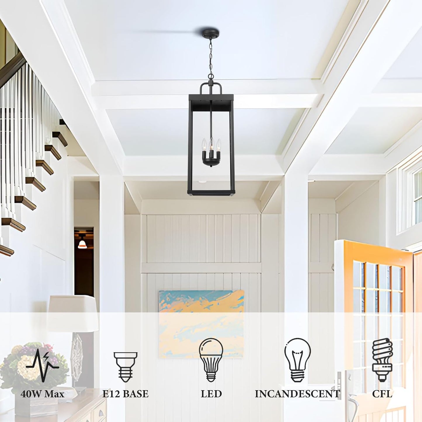 Large Outdoor Pendant Lantern Light Fixture for Front Porch, 28 Inch 4-Light Black Exterior Hanging Chandelier with Clear Glass, Outdoor Indoor Pendant Lamp for Patio, Gazebo, Entryway, Doorway