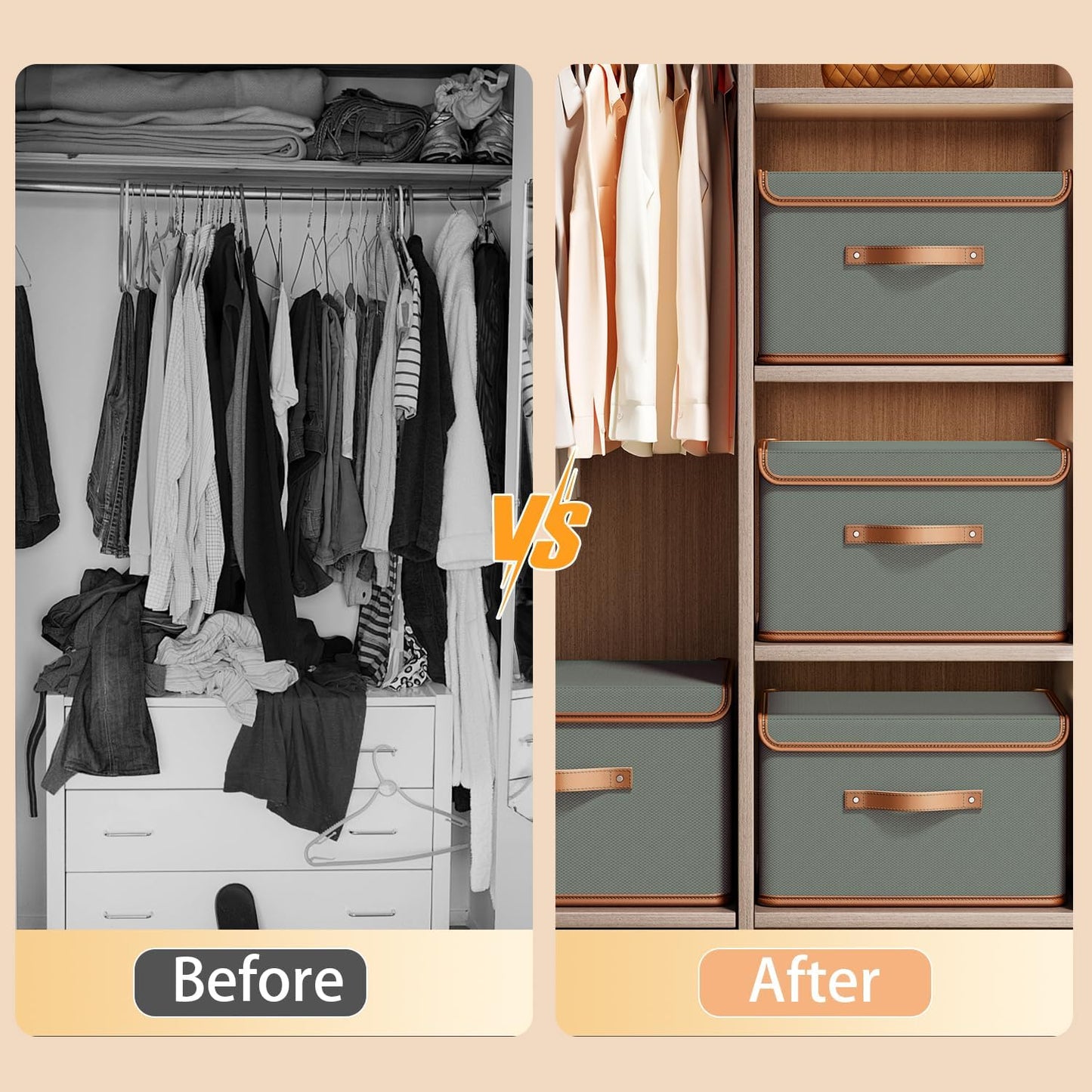 Tuza 4 Pack Storage Bins with Lids, Collapsible Closet Organizer Container, Fabric Organizer Box with Handles, Decorative Storage Boxes with Lids for Organizing Clothes, Blanket, Grey, Medium