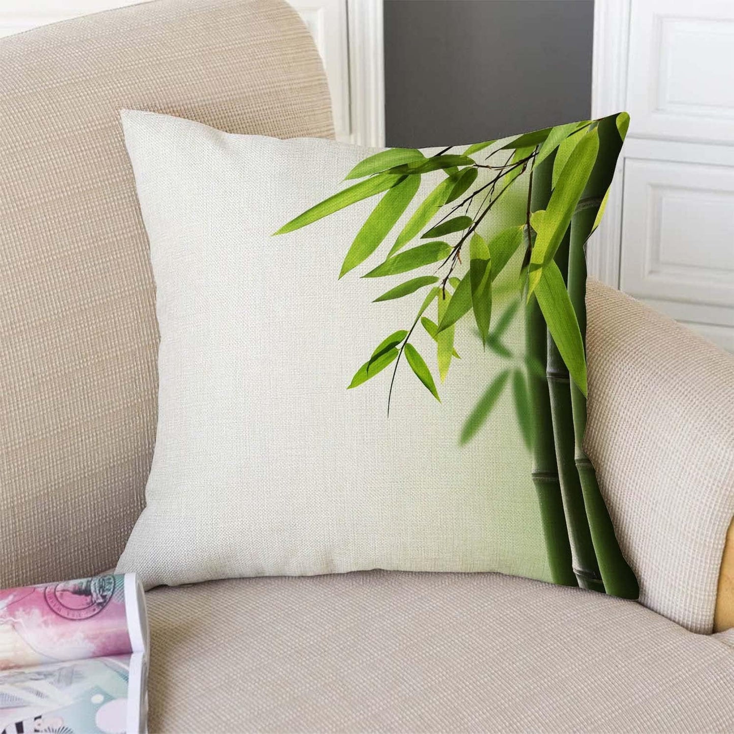 TSSOHU Green Bamboo Farmhouse Pillow Cover Cotton Linen Decorative Square Throw Pillow Cover 18x18 Inch for Sofa Couch Decoration