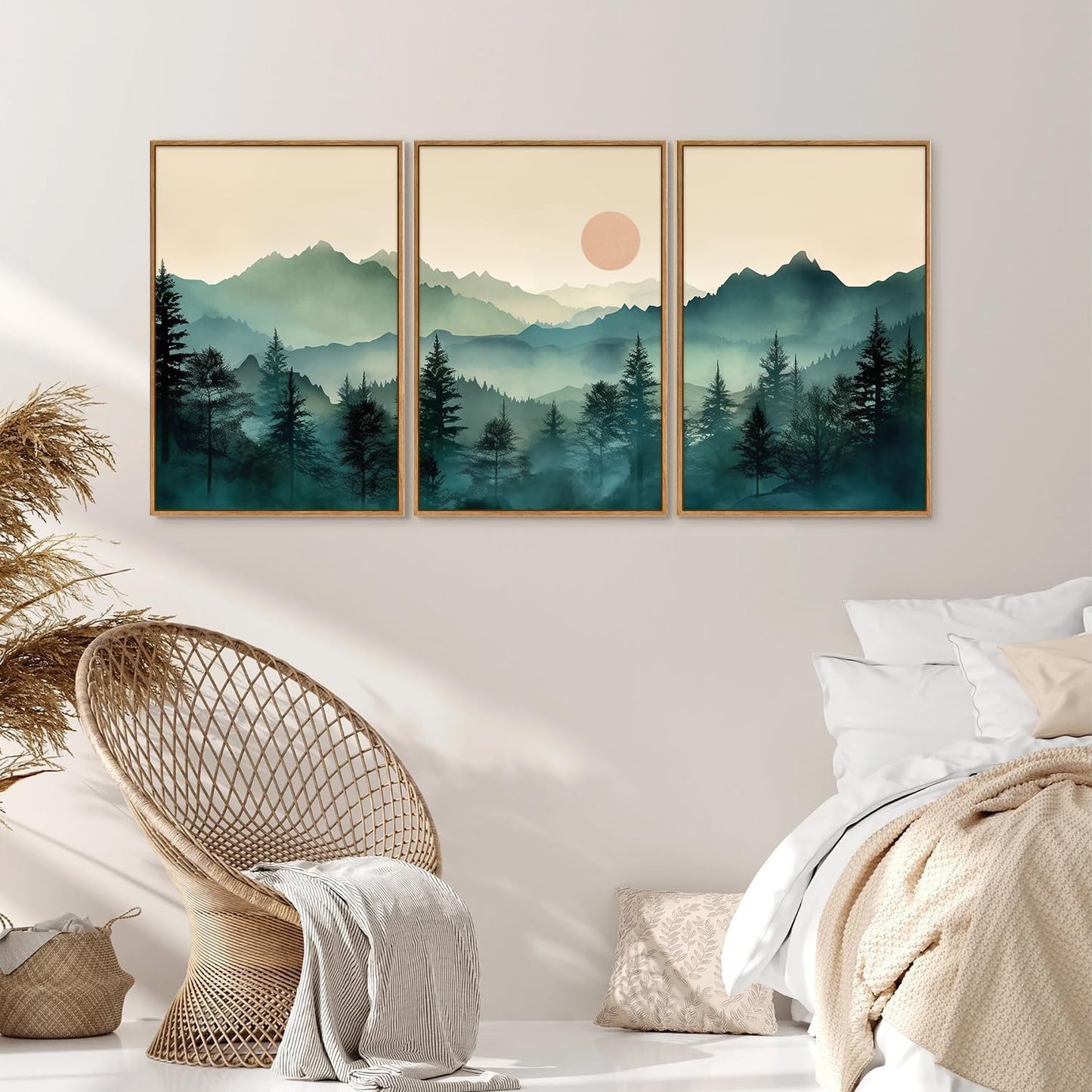 SIGNINART Large Mountain Framed Canvas Wall Art Set, Abstract Misty Forest Wall Decor, Foggy Nature Pine Tree Wall Painting, Modern Boho Sunrise Art Prints for Bedroom Living Room and Office 24"x36"x3