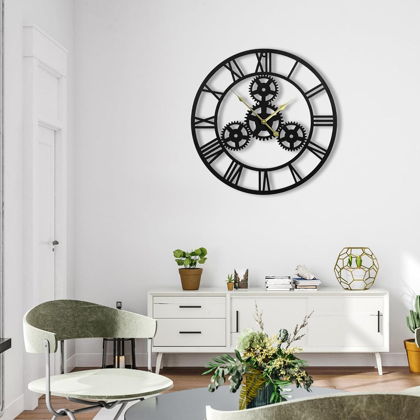 20inchesWall Clocks for Living Room Deco Metal Non Ticking Silent Battery Operated Roman Numeral Oversized Gear Wall Clocks for Bedroom Kitchen Fireplace Office Farmhouse