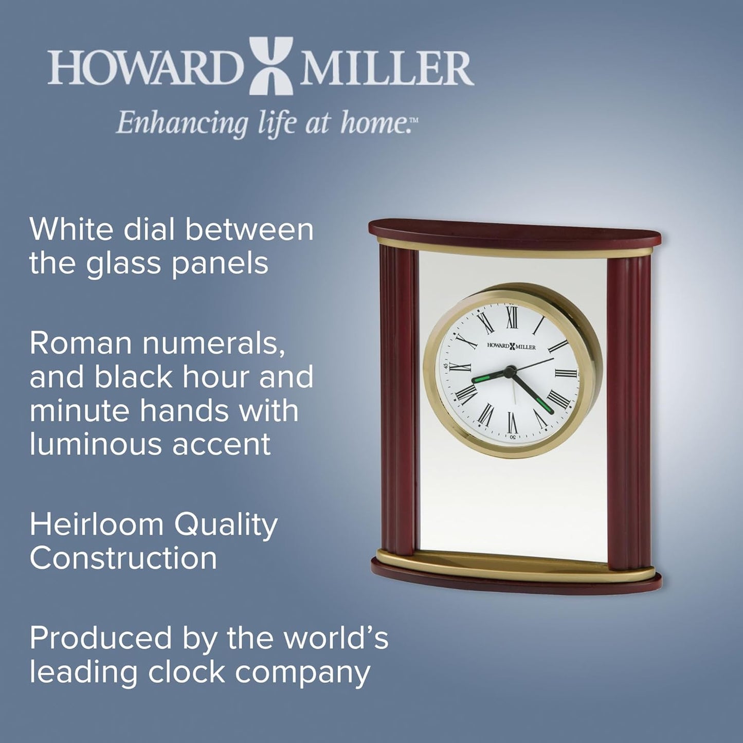 Howard Miller Victor Tabletop Clock - Wooden Desk Timepiece with Glass Crystal, Felt Bottom, Quartz Movement, Analog Alarm Clock, Battery Operated for Home, Office, Living Room, and Bedroom Decor