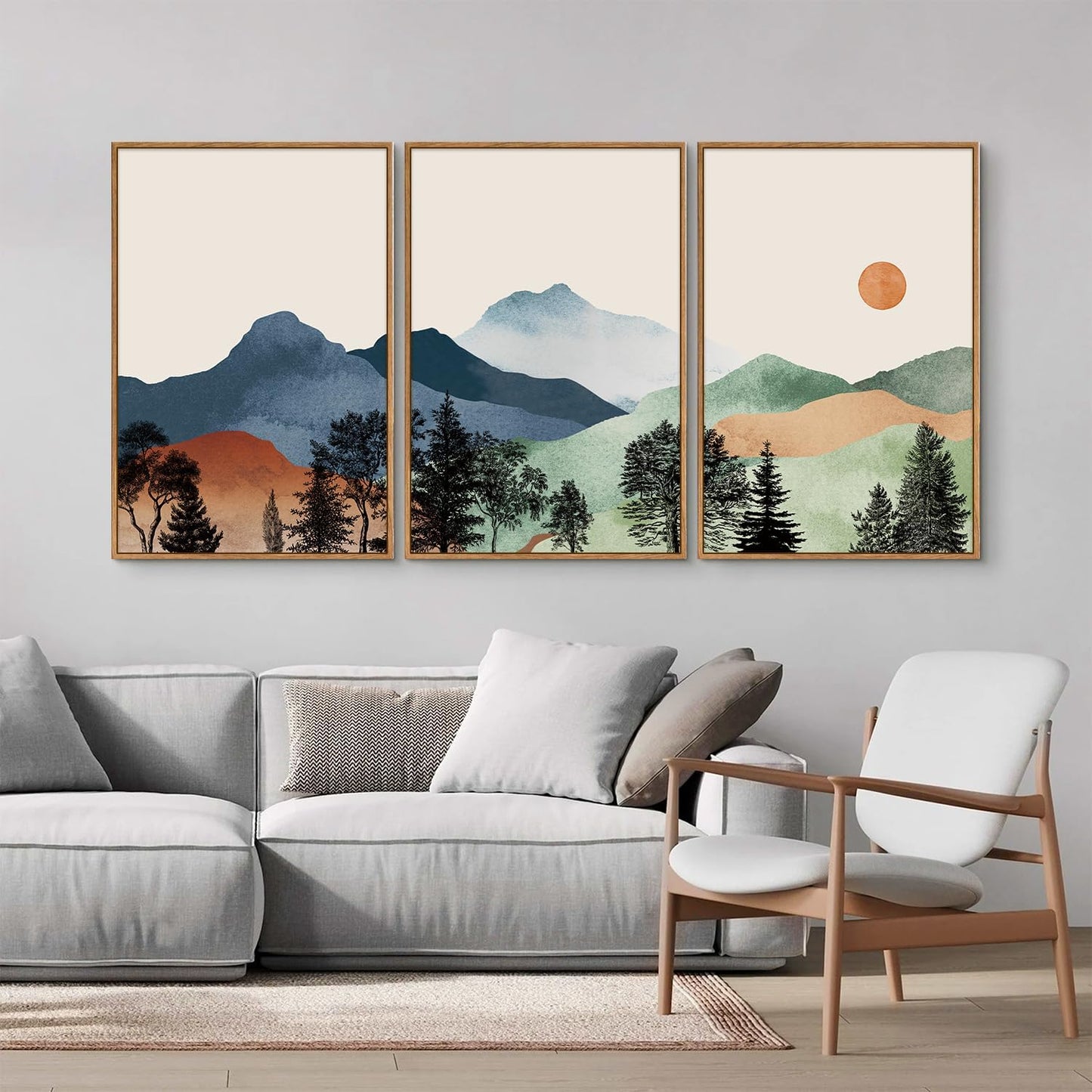 SIGNINART Boho Mountains Framed Canvas Wall Art Set of 3, Watercolor Nature Landscape Art Prints, Neutral Modern Sunrise Art Paintings, Green Forest Wall Decor for Living Room Bedroom Office 24"x36"x3