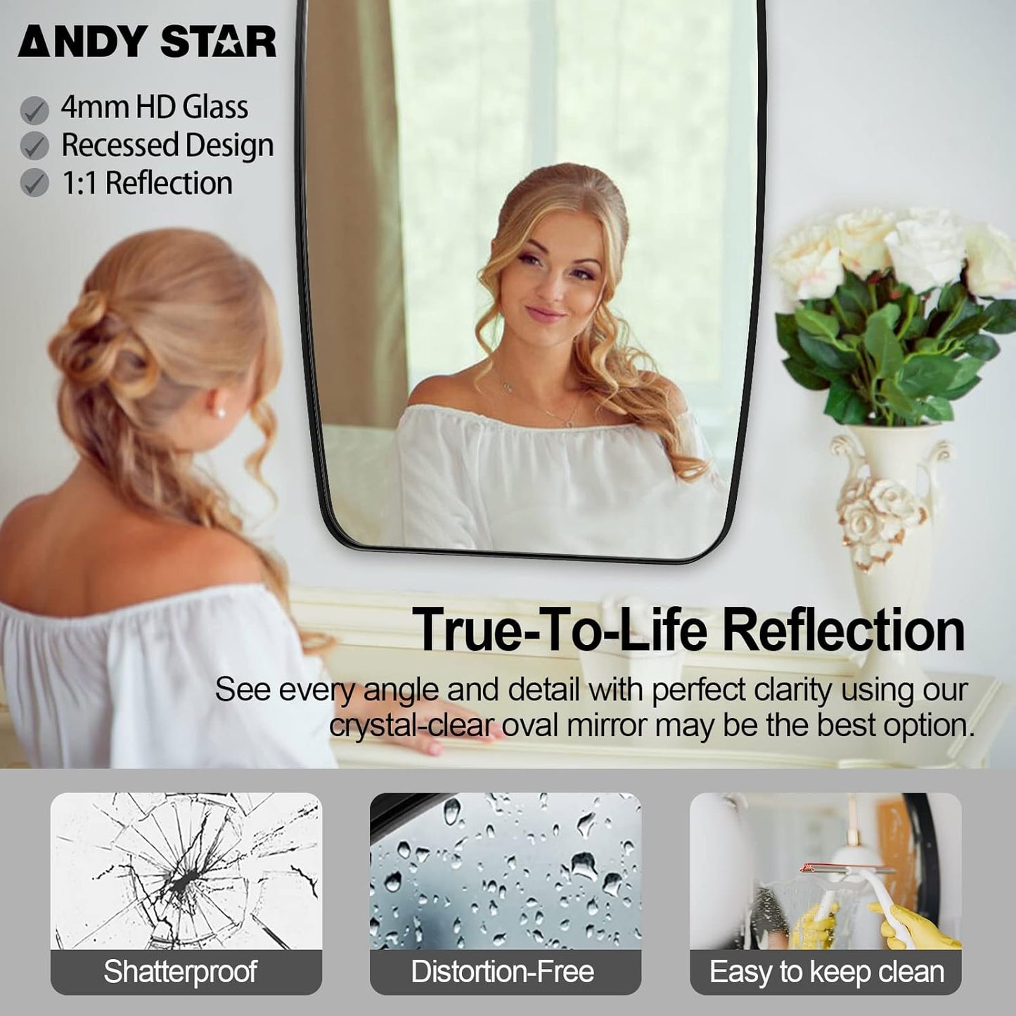 ANDY STAR Black Oblong Mirror, 32x40 Inch Black Oval Mirror for Bathroom with Stainless Steel Metal Frame, Wall Mouned for Bathroom, Living Room, Entryway