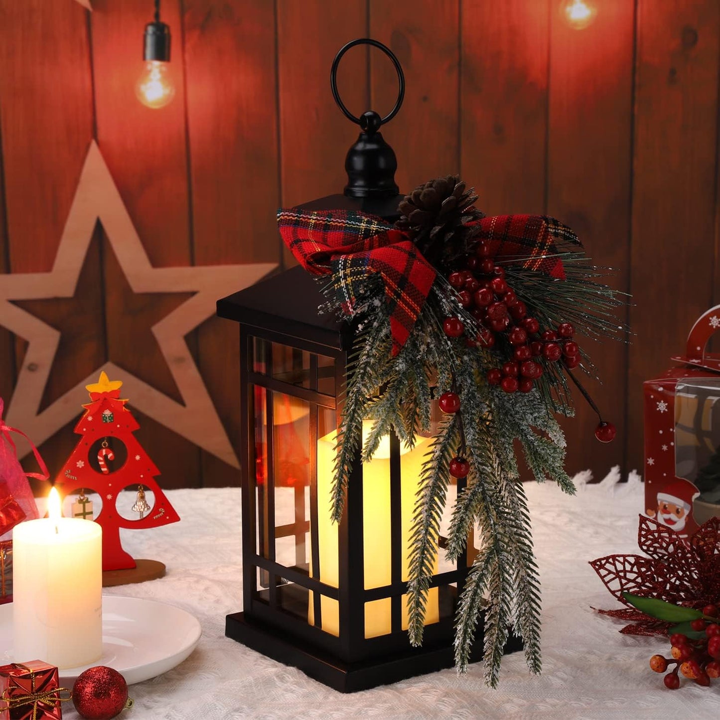 Christmas Lantern Christmas Decorative Lantern Snow Globe Christmas Decorations Indoor Outdoor Flashing Candle Lights, Dining Table Fireplace Decoration Hanging Candle Lanterns Holiday Decor