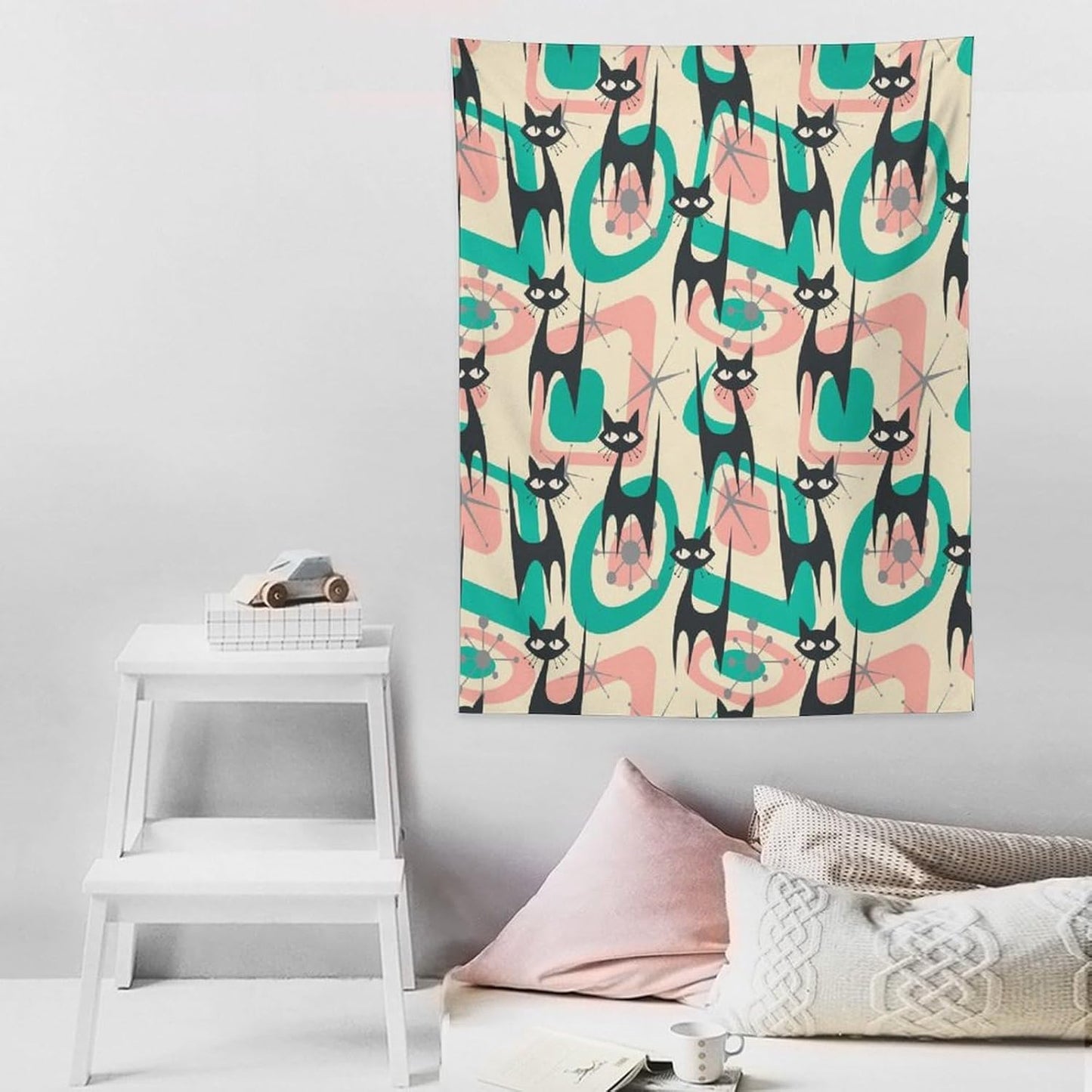 ICMOLYYENLO Boho Medieval Cat Tapestry, Abstract Atomic Starburst Geometric Aesthetic Art Wall Hanging For Bedroom Living Room Dormitory 60x80 Inches