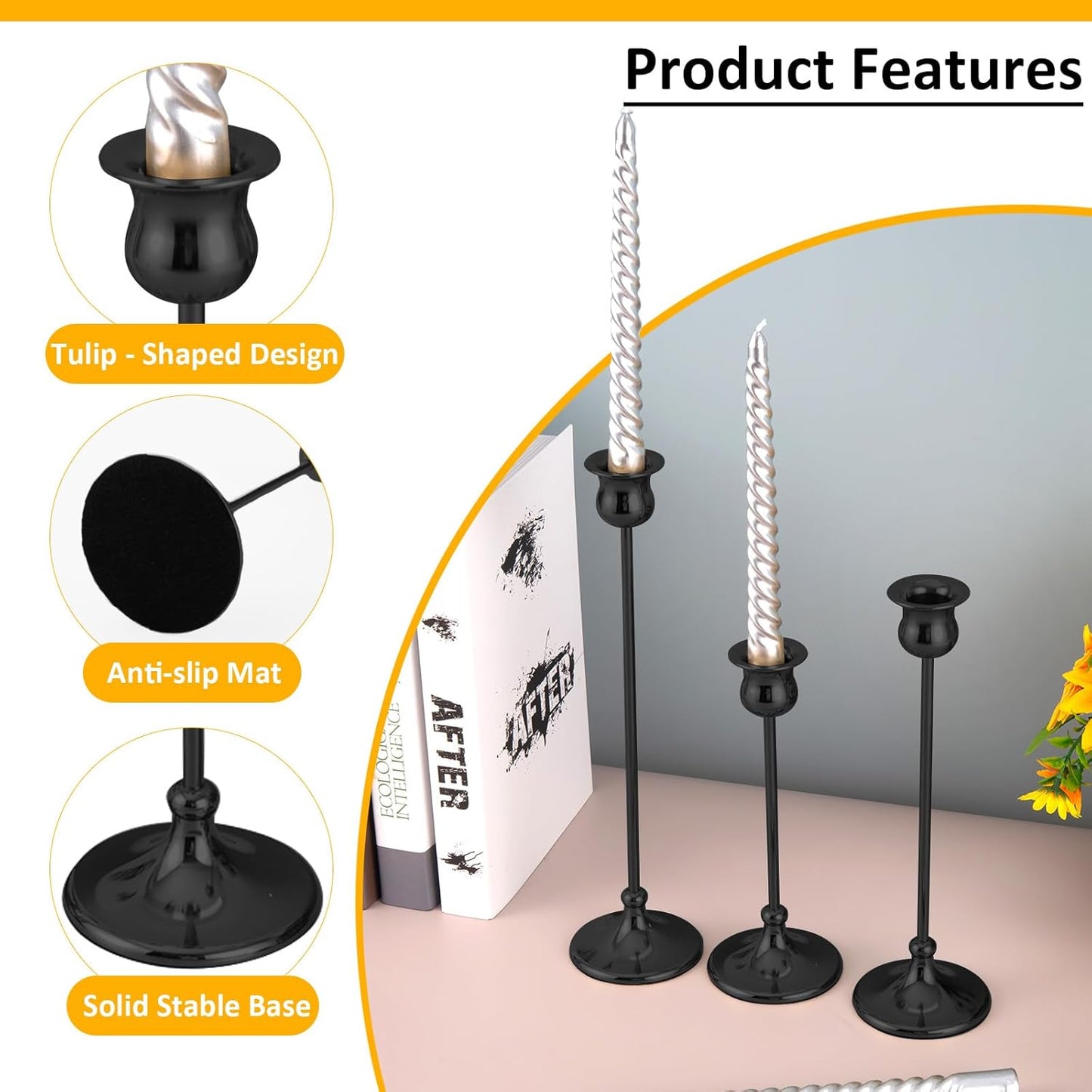 Taper Candle Holder Tall Vintage Metal Candlestick Holders Candle Stick Candelabra for Halloween Thanksgiving Christmas Holiday Wedding (Matt Black, 1 Set (3 pcs))