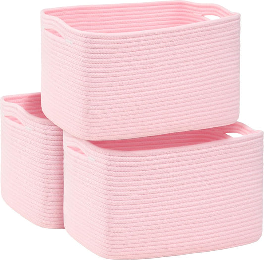 3-Pack Shelf Baskets for Organizing, Woven Storage Basket for Shelves, Cotton Rope Storage Bins for Toys Books, Nursery Towel Baskets for Classroom, 14.96"X9.8"X8.85", Pink