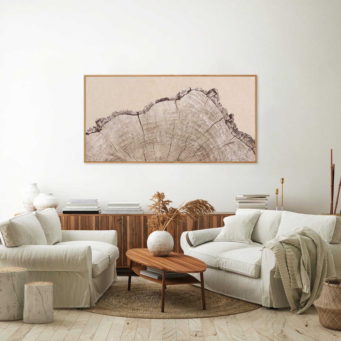 SIGNINART Large Tree Ring Framed Canvas Wall Art, Rustic Beige Wooden Wall Decor, Neutral Nature Wood Stump Artwork, Modern Art Prints for Bedroom Living Room Office 20"x40"