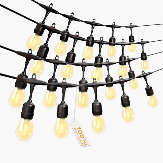 Outdoor Safety String Lights 100FT - 24V 20W Commercial Grade Low Voltage Strand with 40 S14 Shatterproof Bulbs for Tree Garden Yard Cafe Bistro | Warm Yellow 3500K | IP65 Waterproof | UL Listed