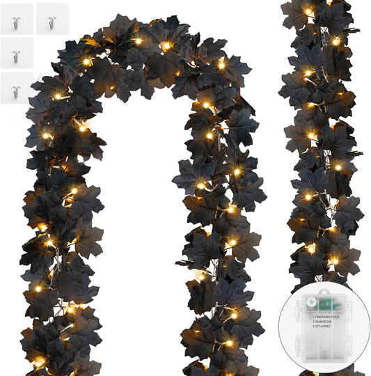 Ouddy Decor 2 Pack Lighted Black Garland Decorations, Total 20 Ft 60 Led Fall Lights Maple Leaves Battery Operated for Indoor Outdoor Thanksgiving Front Door Decor, Warm White