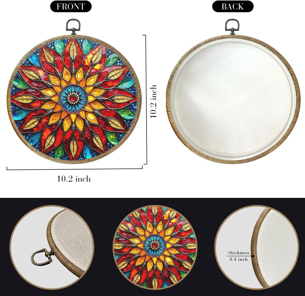 Colorful Geometric Mandala Framed Round Wall Decor Canvas Wall Art Hanging Prints Artwork for Home Office Kitchen Nursery Bedroom Living Room Porch Garden Birthday Decorations 10.2X10.2 Inch