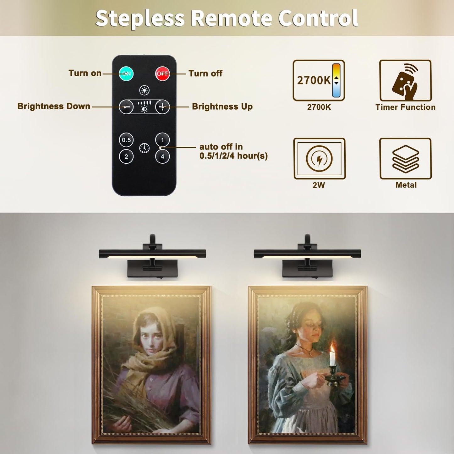 Battery Operated Picture Lights for Wall Black Art Light Wireless Gallery Lights with Timer and Remote 12 Inch 2W Warm White