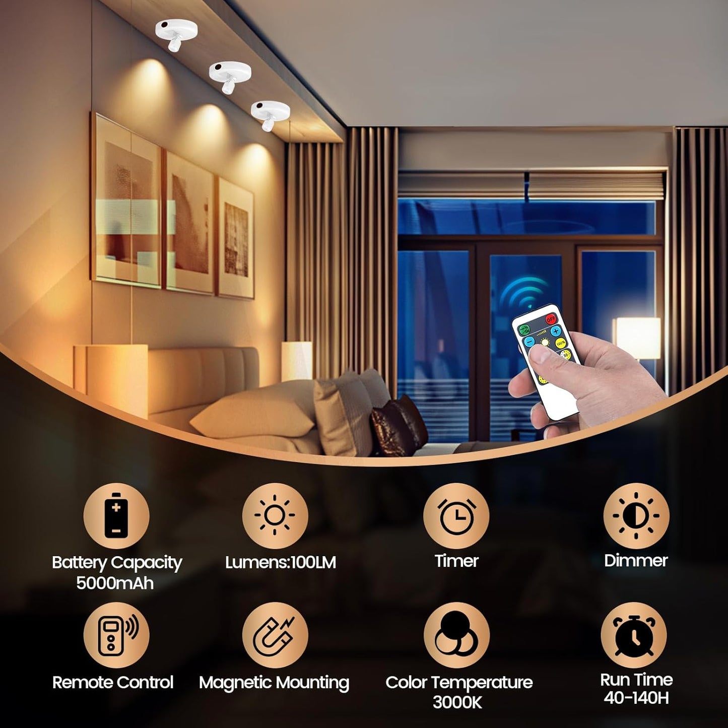 Cordless Spotlight Battery Powered, Plant Spot Light Indoor, Rechargeable Picture Lights with Remote, LED Accent Lighting, Dimmable Uplight for Tree Dartboard Decor Painting Art Photo