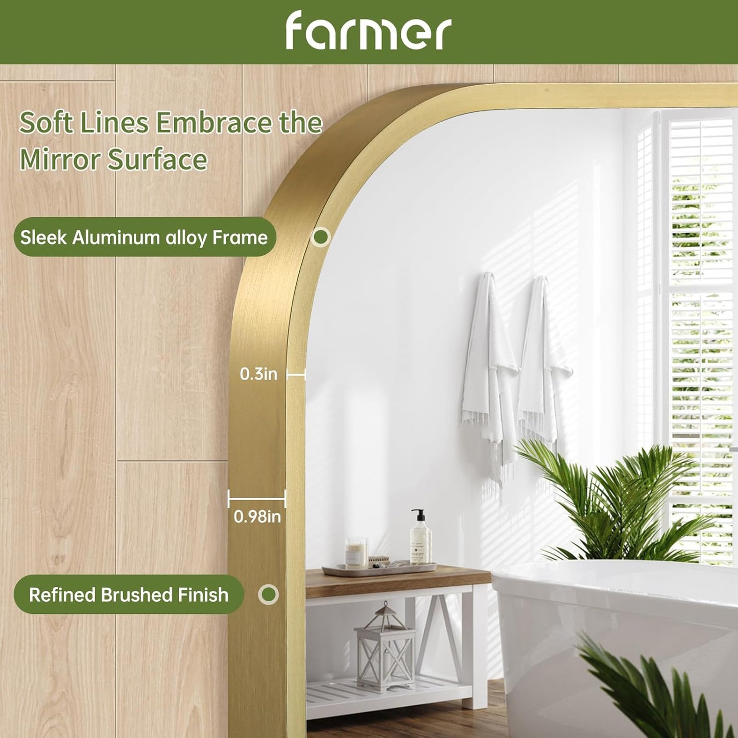 FARMER 20x28 Inch Gold Bathroom Mirror, Rectangle Vanity Mirror, Brushed Mirrors for Wall, Metal Frame Hanging Mirror with Round Corner for Bedrooms, Entryways, Living Rooms, Horizontal/Vertical