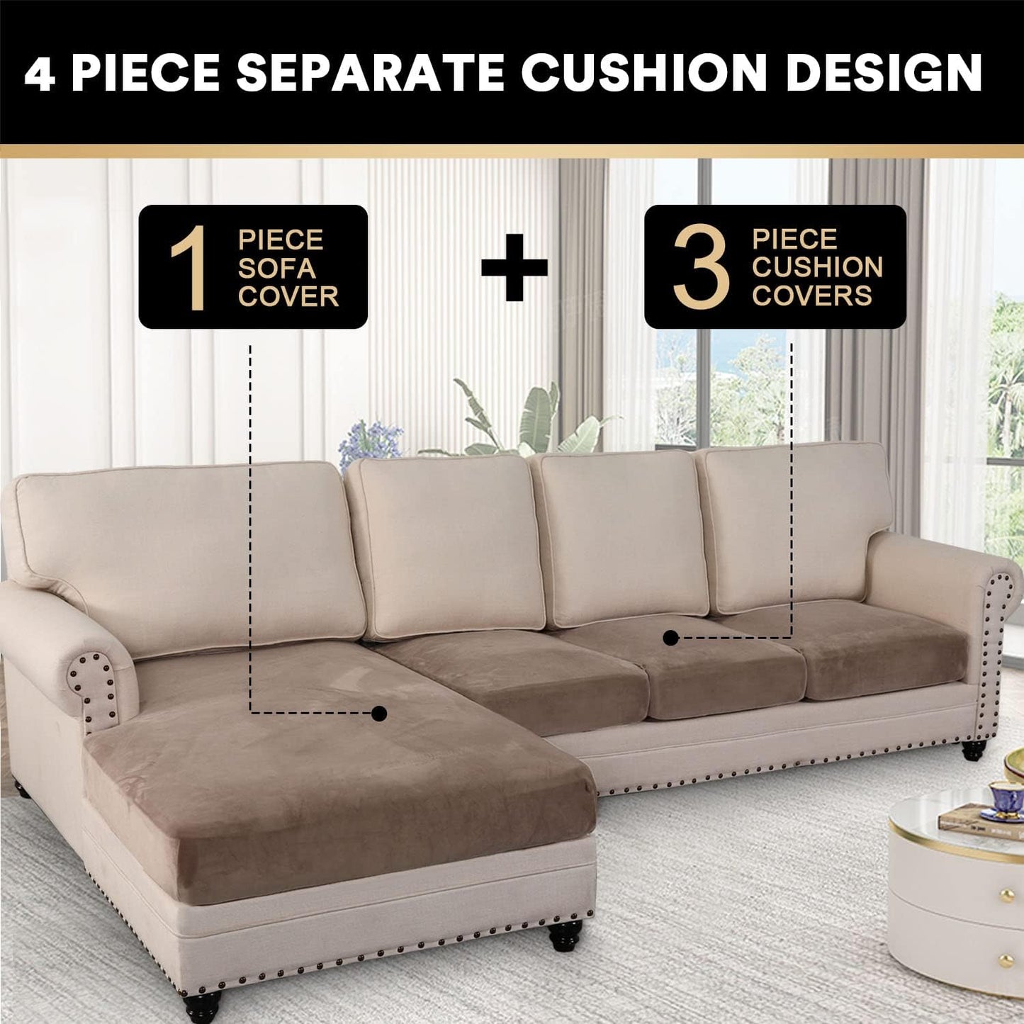 PrinceDeco Sectional Couch Covers 4 Pieces Couch Covers for Sofa Velvet Separate Couch Cover L Shape for Left/Right Chaise(3 Seater + 1 Chaise,Taupe)