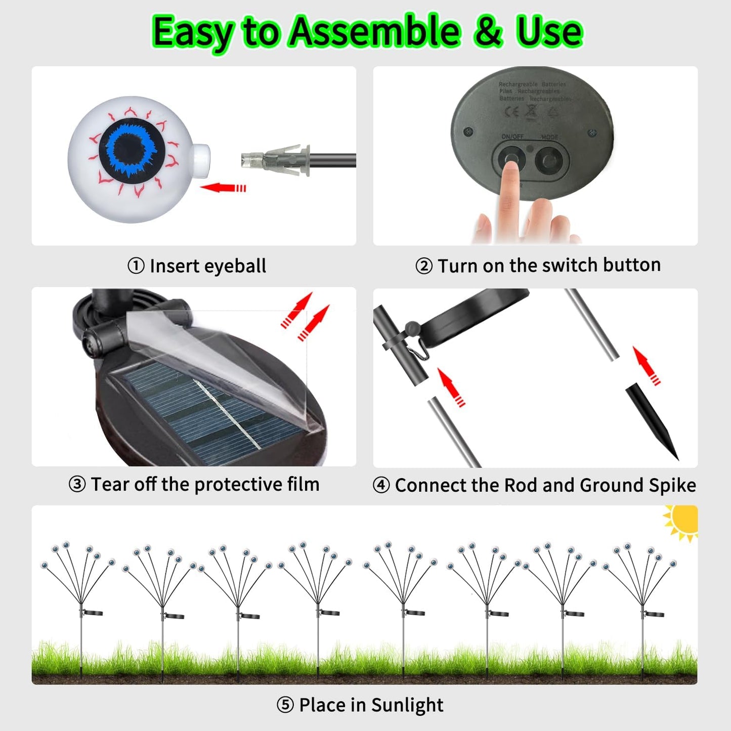 VOTTGO Halloween Solar Lights Outdoor, 2 Pack 12LED Scary Solar Eyeball Pathway Lights, 2 Modes Waterproof Swaying Firefly Light for Garden Yard Pathway Halloween Decorations, Green