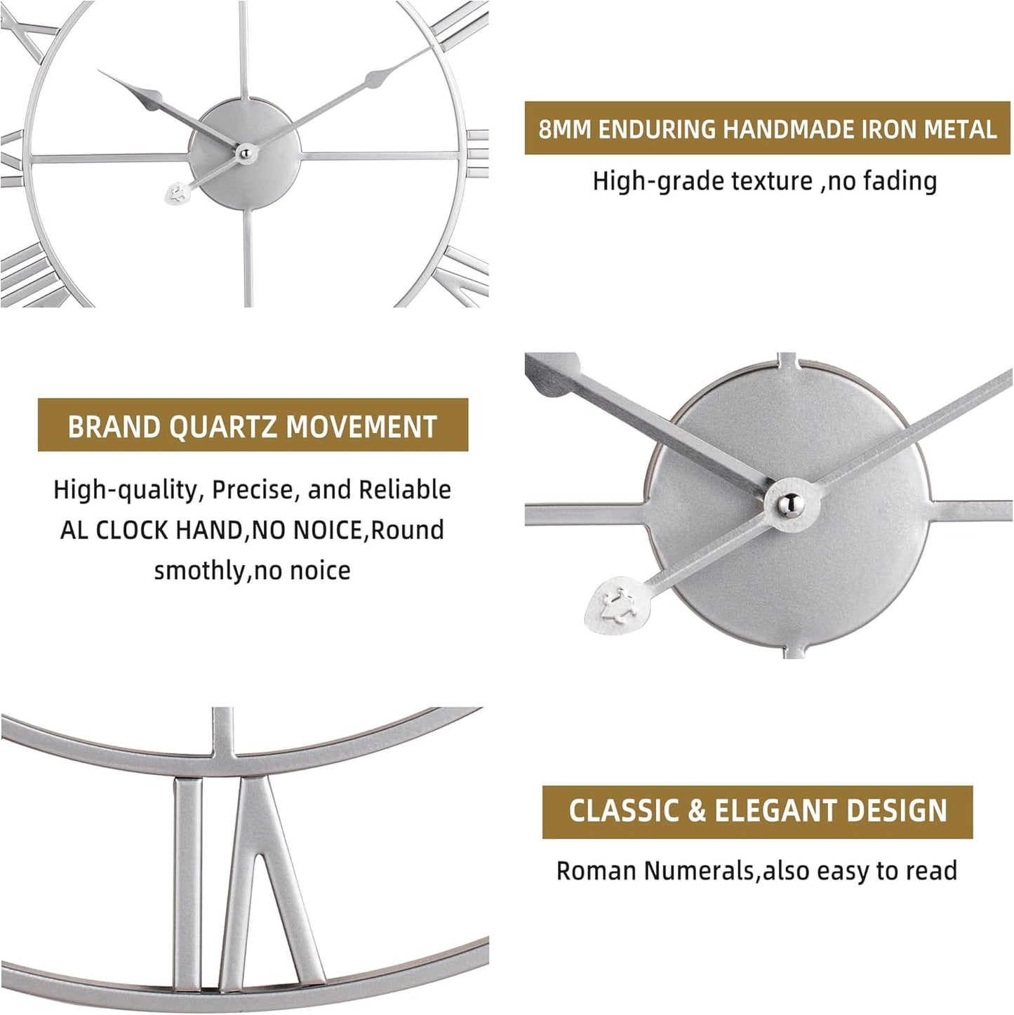 Large Wall Clock - 40cm/ 16 Inches Silent Non-Ticking Metal Wall Clock, Vintage Modern Silver, Battery Operated, Ideal for Living Room, Bedroom, Office, Farmhouse Decor