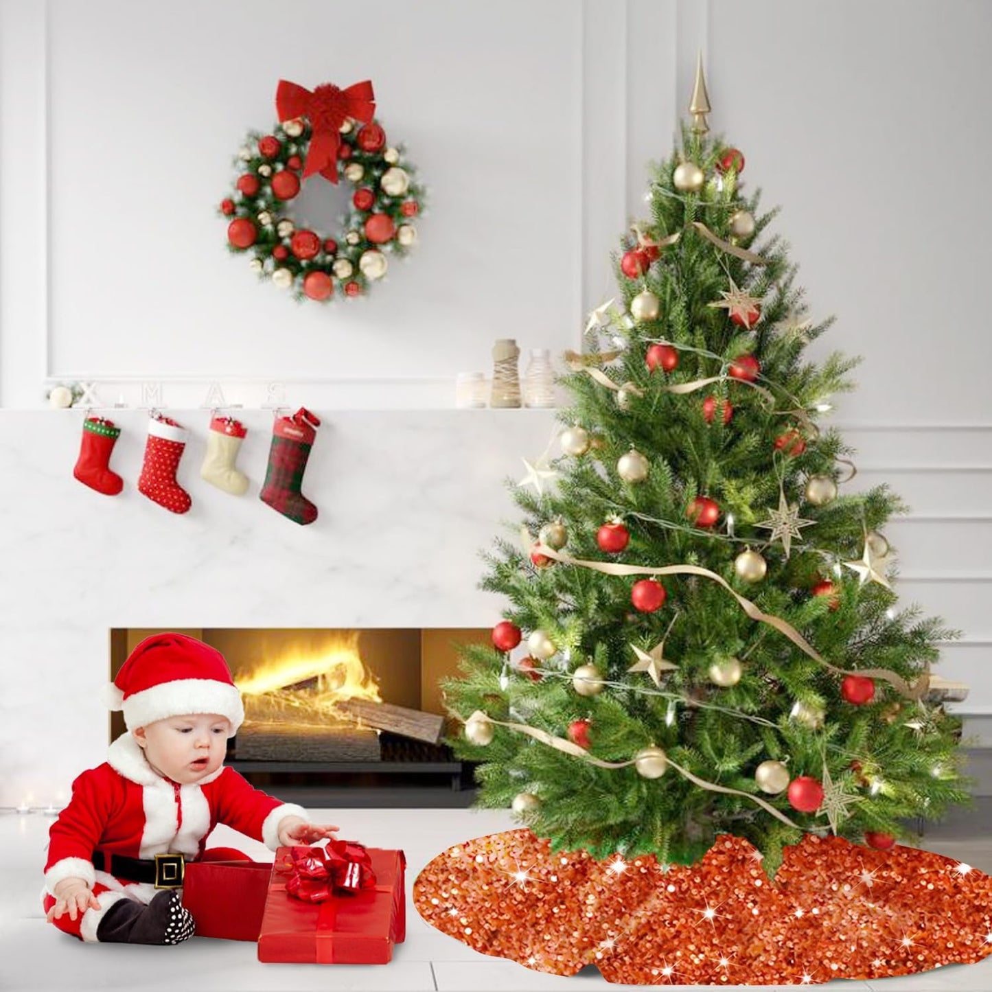 MODFUNS 46 Inch Christmas Tree Skirt Sequins Burnt Orange Xmas Tree Skirt Soft Velvet Christmas Tree Skirts Christmas Tree Ornaments for Halloween Round Fabric Tree Cover Skirt Sequin Metal Tree Base