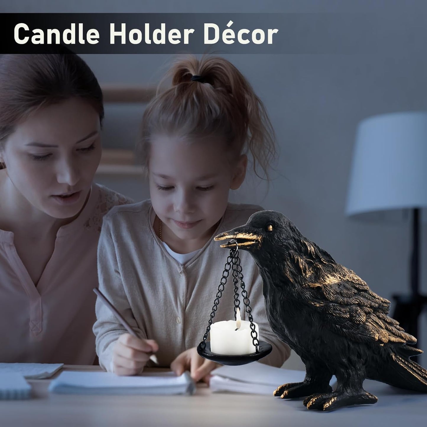 Raven Gothic Home Decor Fake Crow Light Holder Raven Lamp Tealight Candle Holder Resin Raven Statue Wearing Gold 2PCS