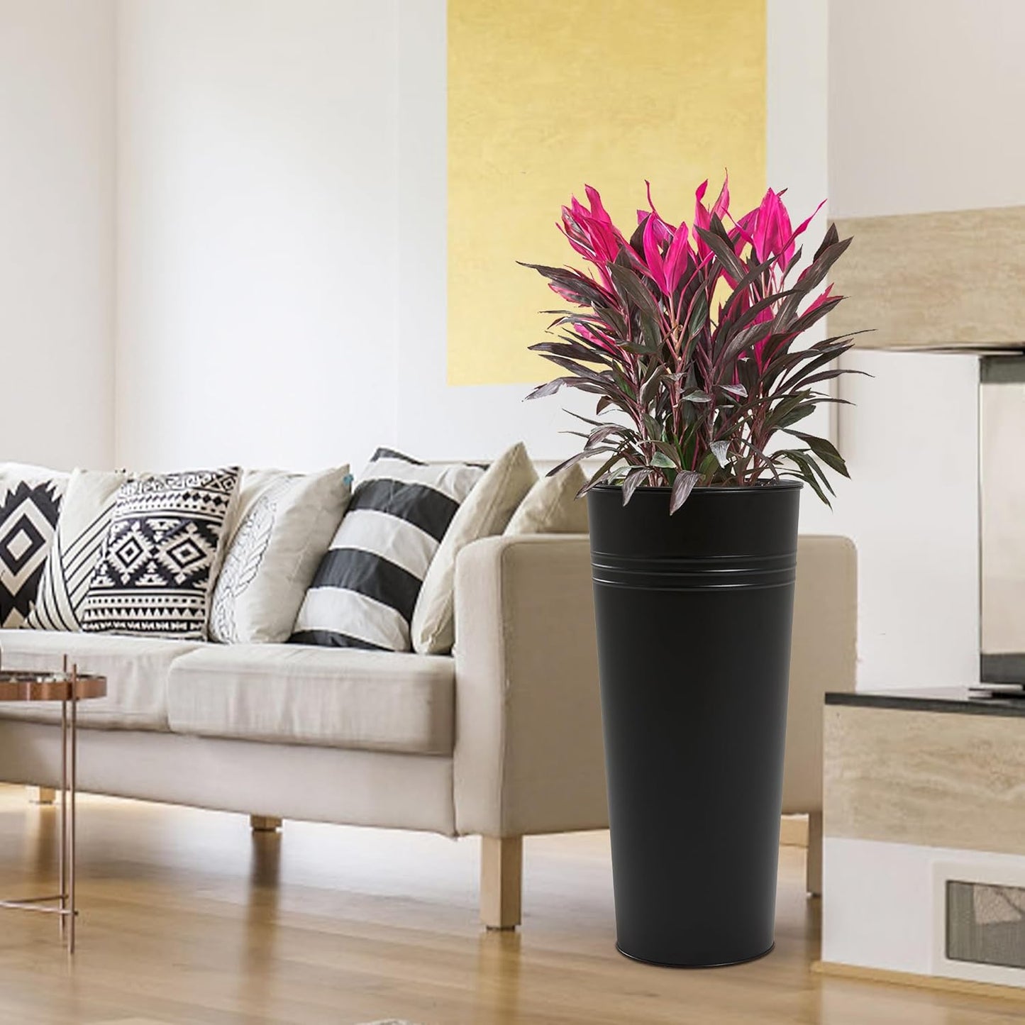 KOL 28'' Tall Galvanized Steel Planter Pot - Flower Pot with Water Level Indicator for Plants - 2-Pack Self Watering Planters - Round Black Powder Metal Planter Box - Indoor Outdoor Grande Plant