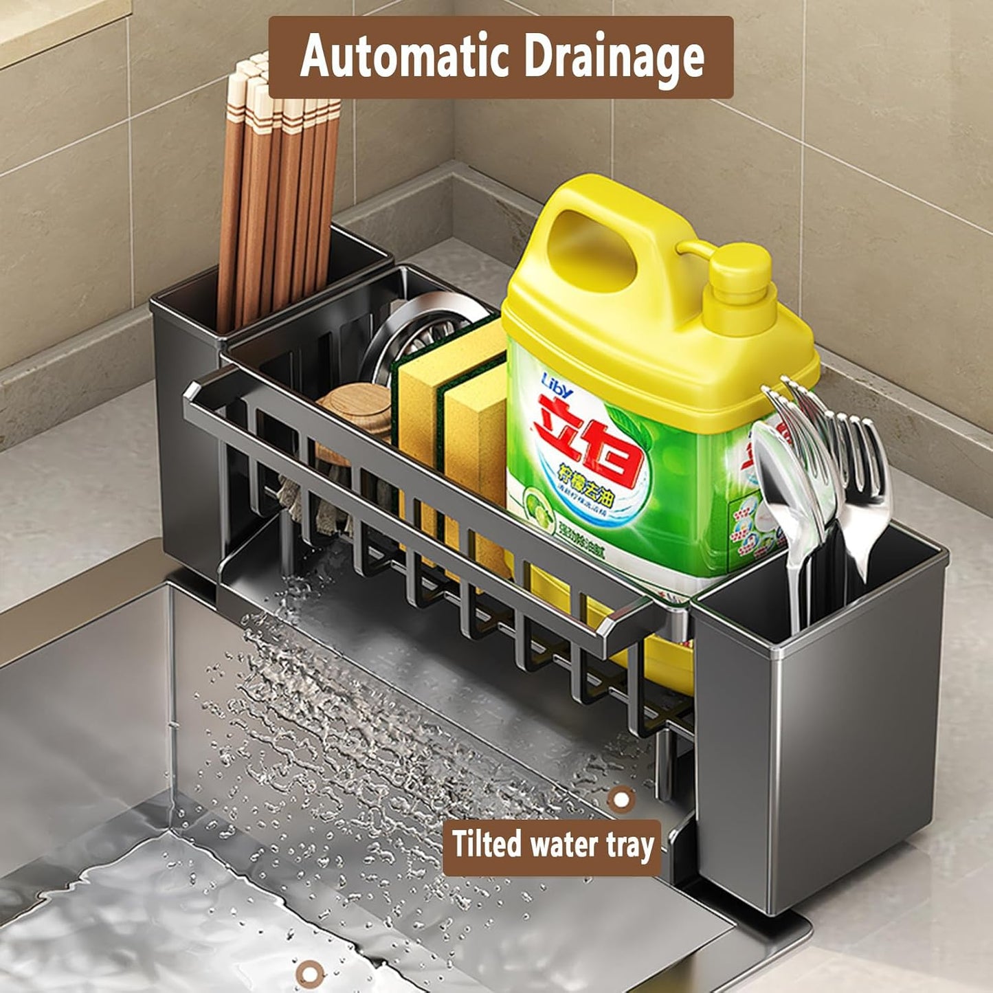 Utensil Holder, 3 Compartments Utensil Drying Rack, Dish Drainer for Kitchen Counter,Kitchen Utensils Holder with Towel Bar,Self-Draining Tray Design(Gray)