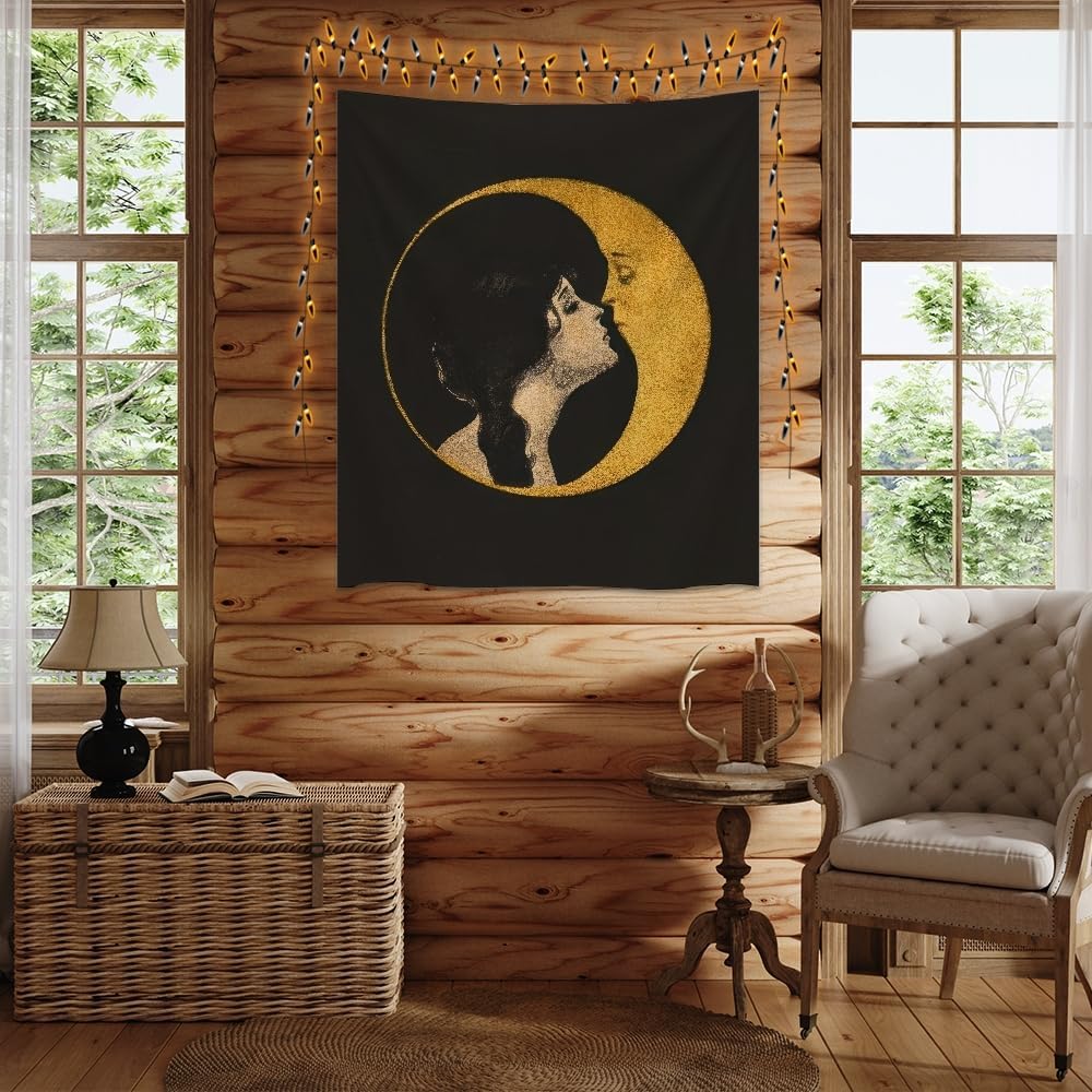 Dark Academia Woman Kissing Moon Art Tapestry Gothic Aesthetic Wall Hanging Witchy Picture Print Moon Goddess Tapestries Wall Decor for Living Room Bedroom Dorm 50x60inch